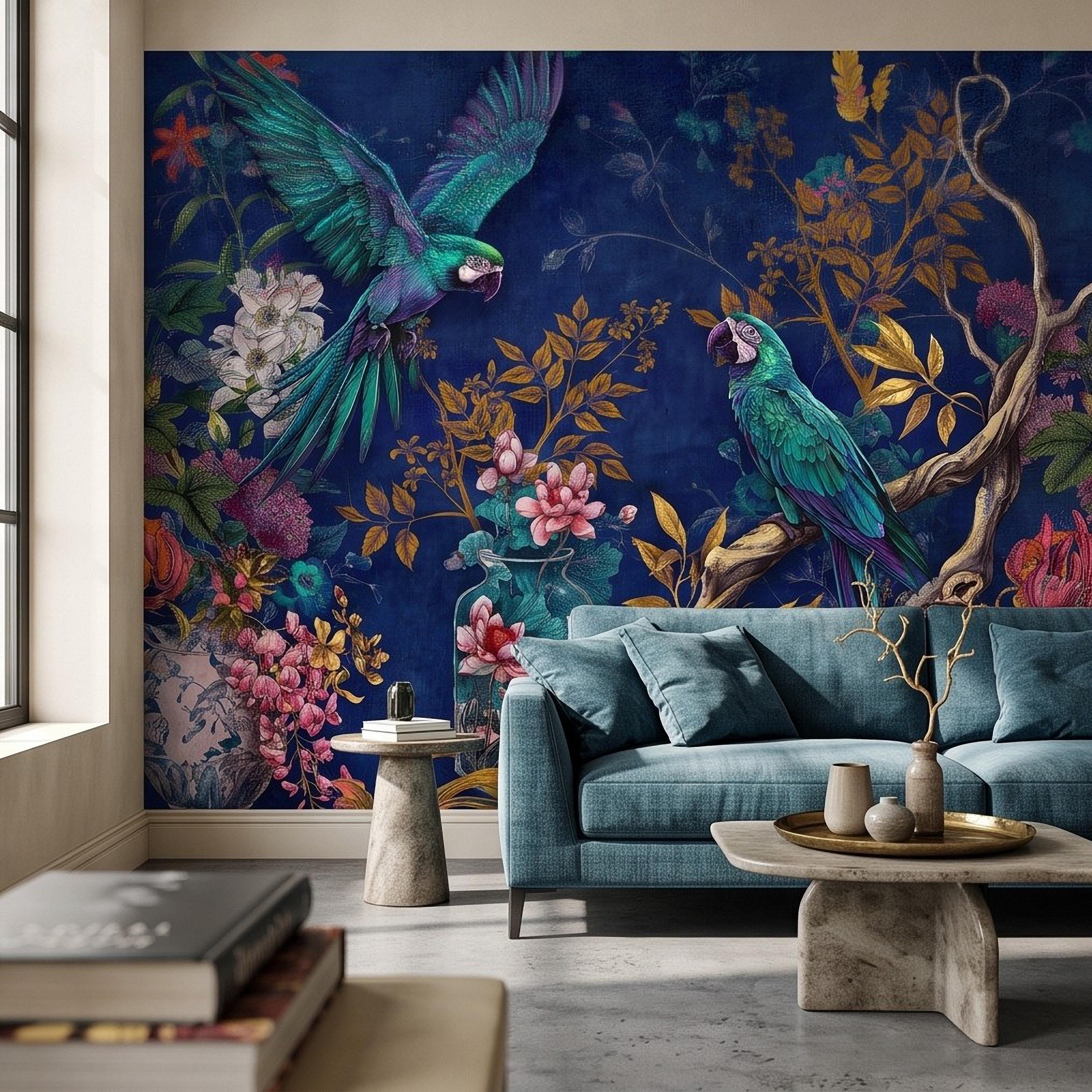 Tropical Parrot Peel and Stick Wall Mural, Exotic Macaw Birds Chinoiserie Botanical Floral Navy Blue Luxury Wallpaper