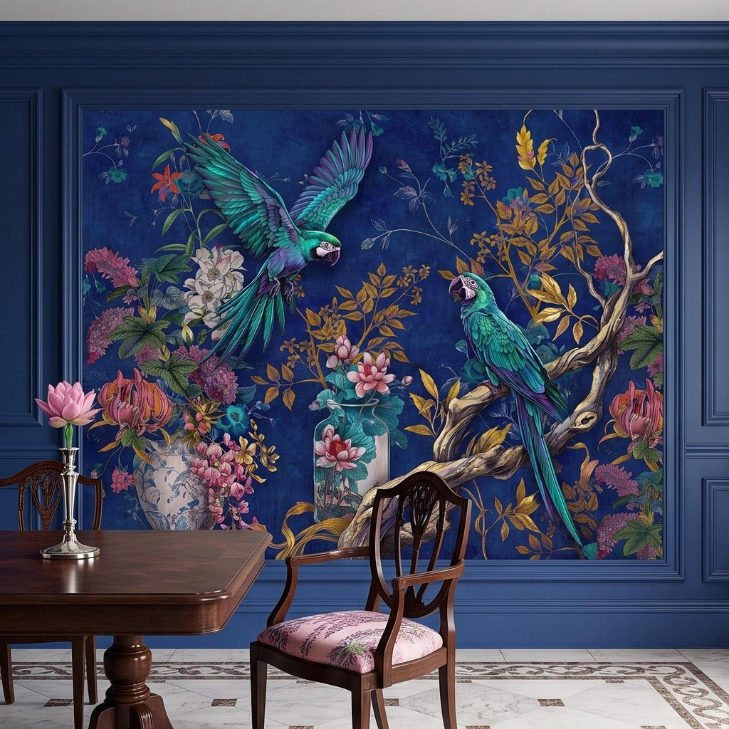 Tropical Parrot Peel and Stick Wall Mural, Exotic Macaw Birds Chinoiserie Botanical Floral Navy Blue Luxury Wallpaper