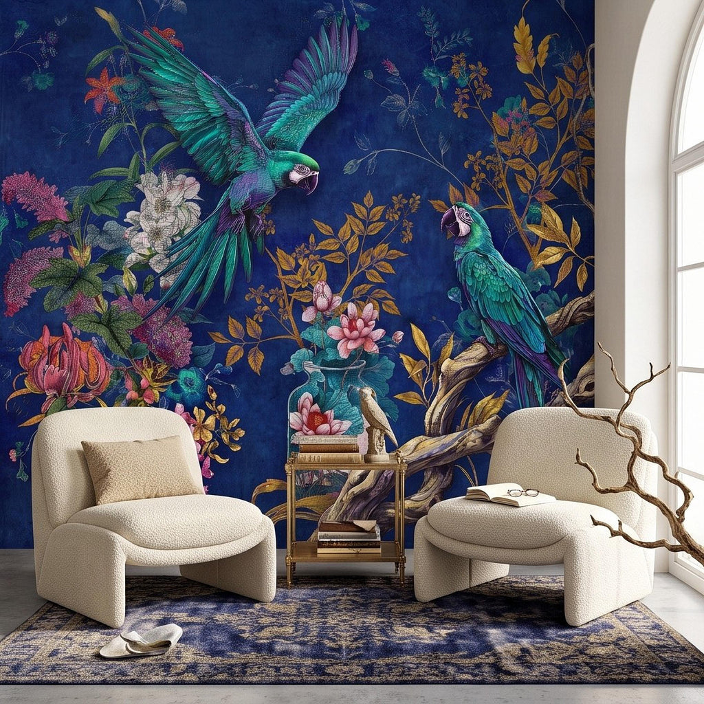 Tropical Parrot Peel and Stick Wall Mural, Exotic Macaw Birds Chinoiserie Botanical Floral Navy Blue Luxury Wallpaper