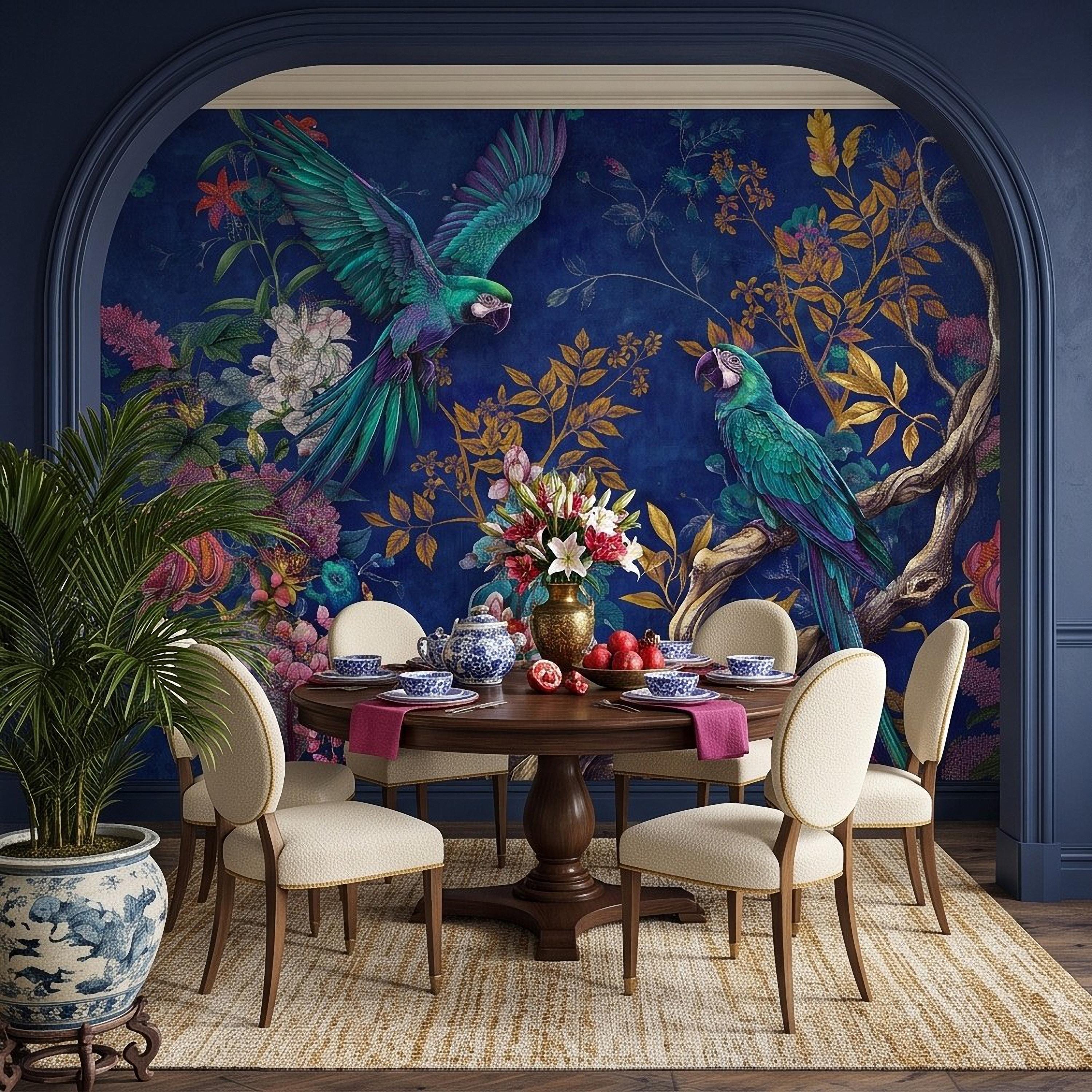 Tropical Parrot Peel and Stick Wall Mural, Exotic Macaw Birds Chinoiserie Botanical Floral Navy Blue Luxury Wallpaper
