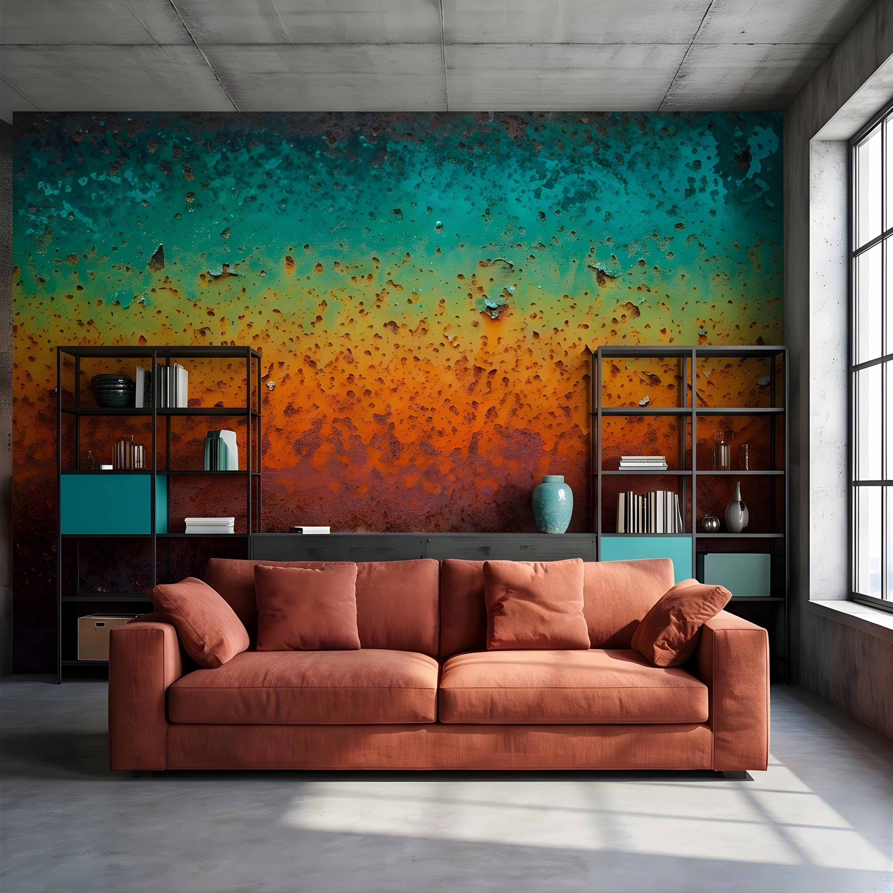 Oxidized Metal Peel and Stick Wall Mural, Patina Texture Weathered Industrial Surface Abstract Wallpaper