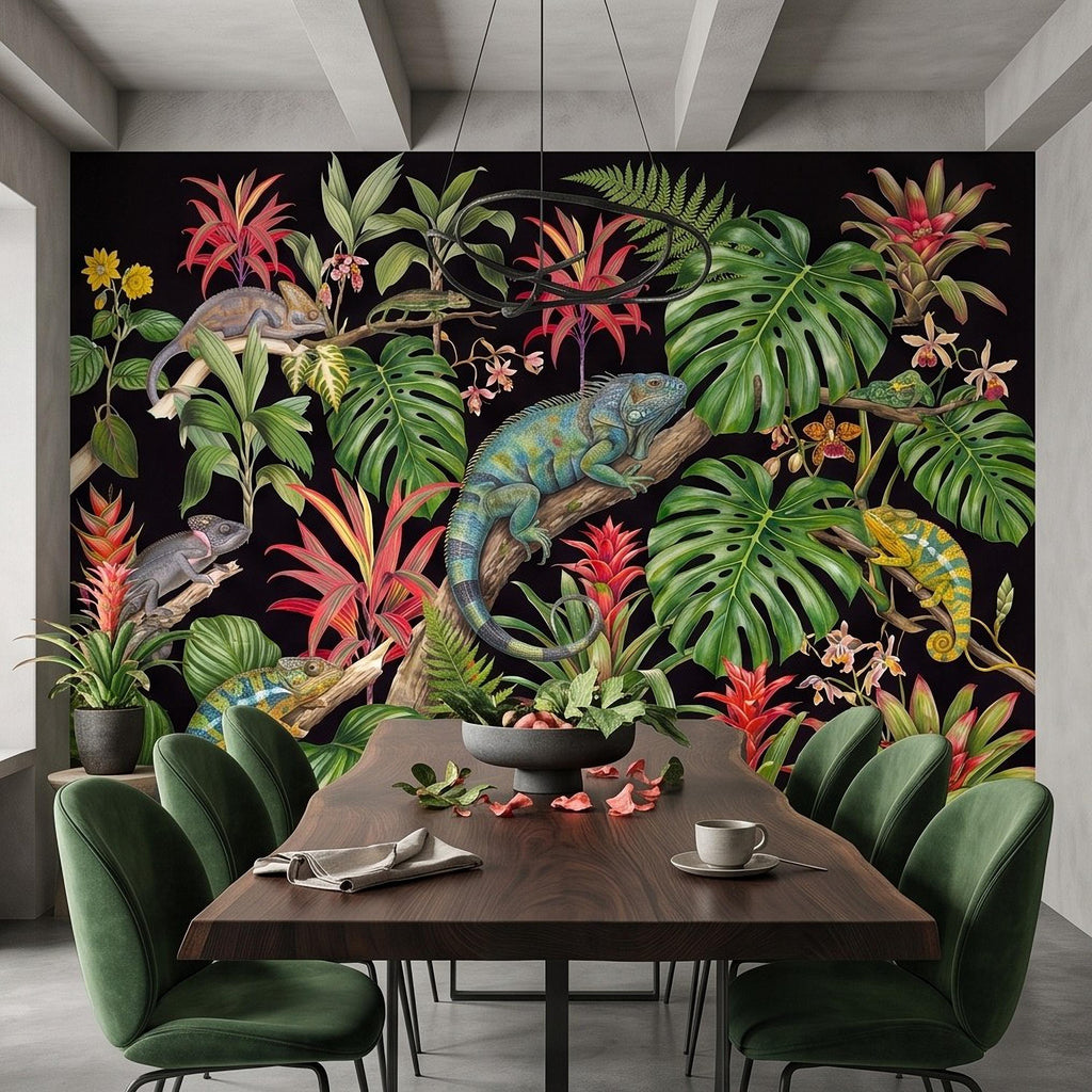 Tropical Chameleon Peel and Stick Wall Mural, Exotic Rainforest Monstera Bromeliad Orchid Jungle Botanical Wallpaper