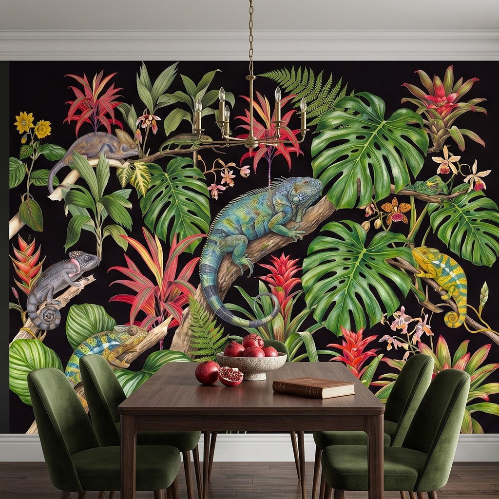 Tropical Chameleon Peel and Stick Wall Mural, Exotic Rainforest Monstera Bromeliad Orchid Jungle Botanical Wallpaper