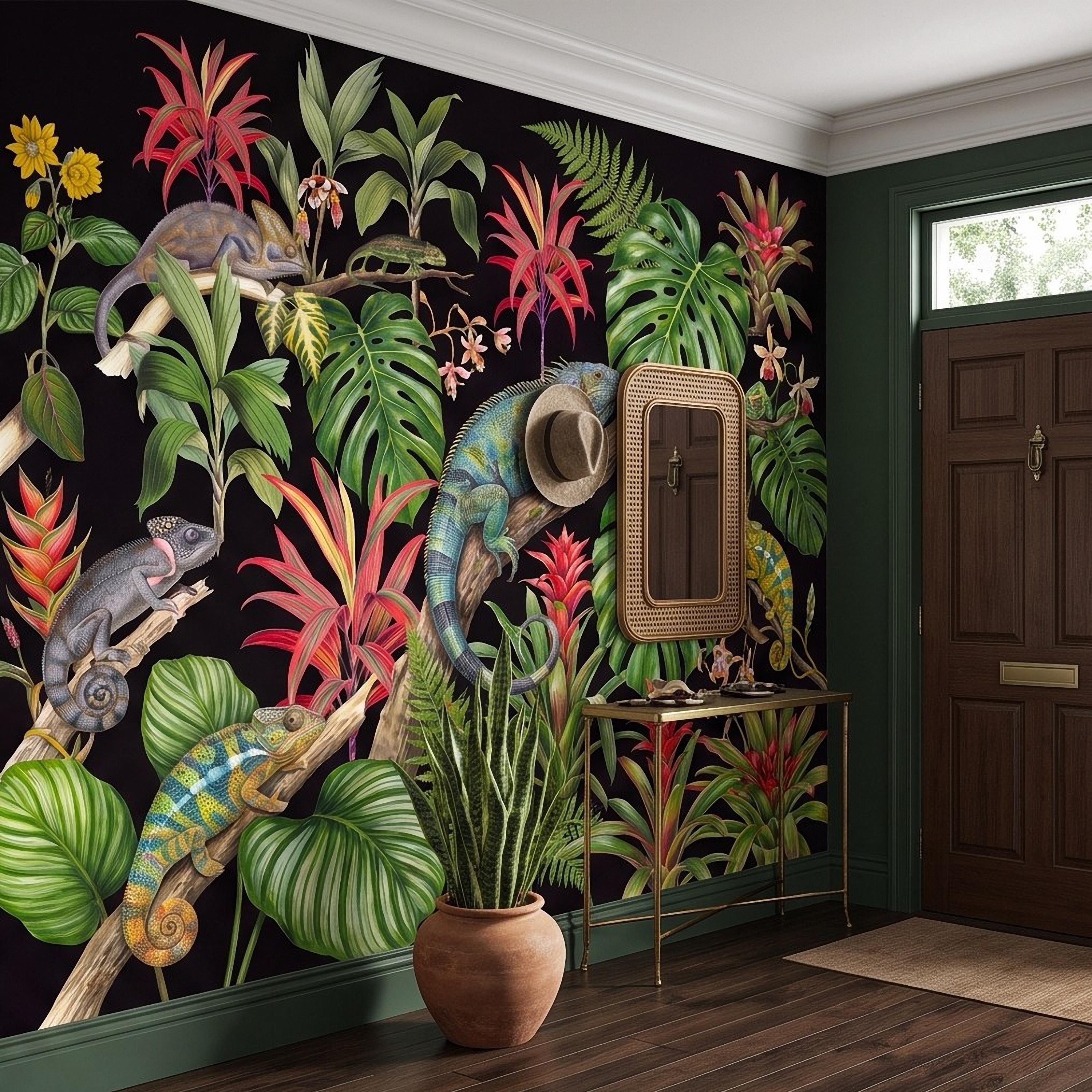 Tropical Chameleon Peel and Stick Wall Mural, Exotic Rainforest Monstera Bromeliad Orchid Jungle Botanical Wallpaper