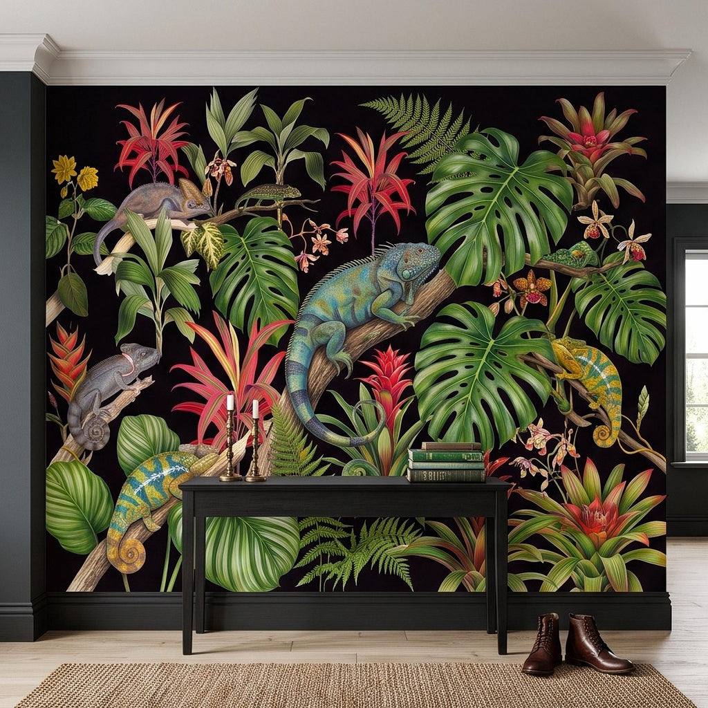 Tropical Chameleon Peel and Stick Wall Mural, Exotic Rainforest Monstera Bromeliad Orchid Jungle Botanical Wallpaper