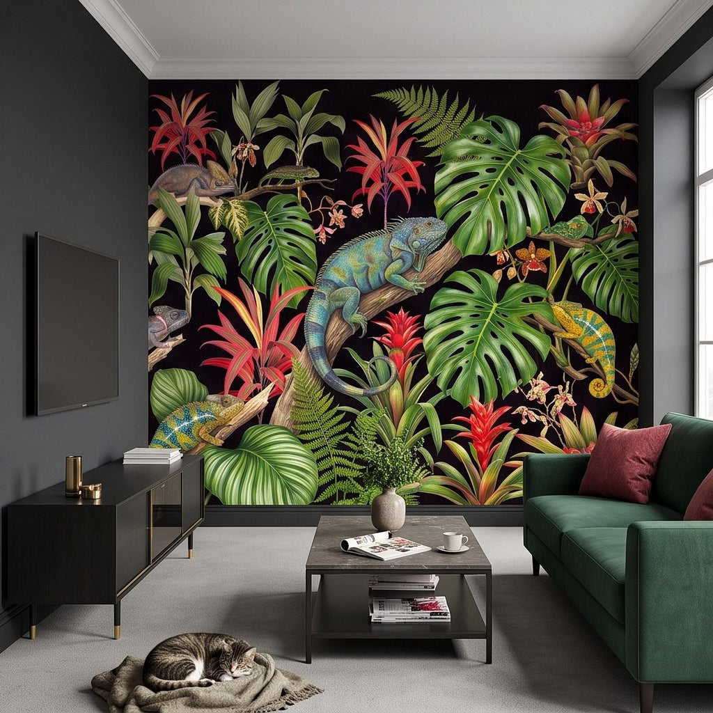 Tropical Chameleon Peel and Stick Wall Mural, Exotic Rainforest Monstera Bromeliad Orchid Jungle Botanical Wallpaper