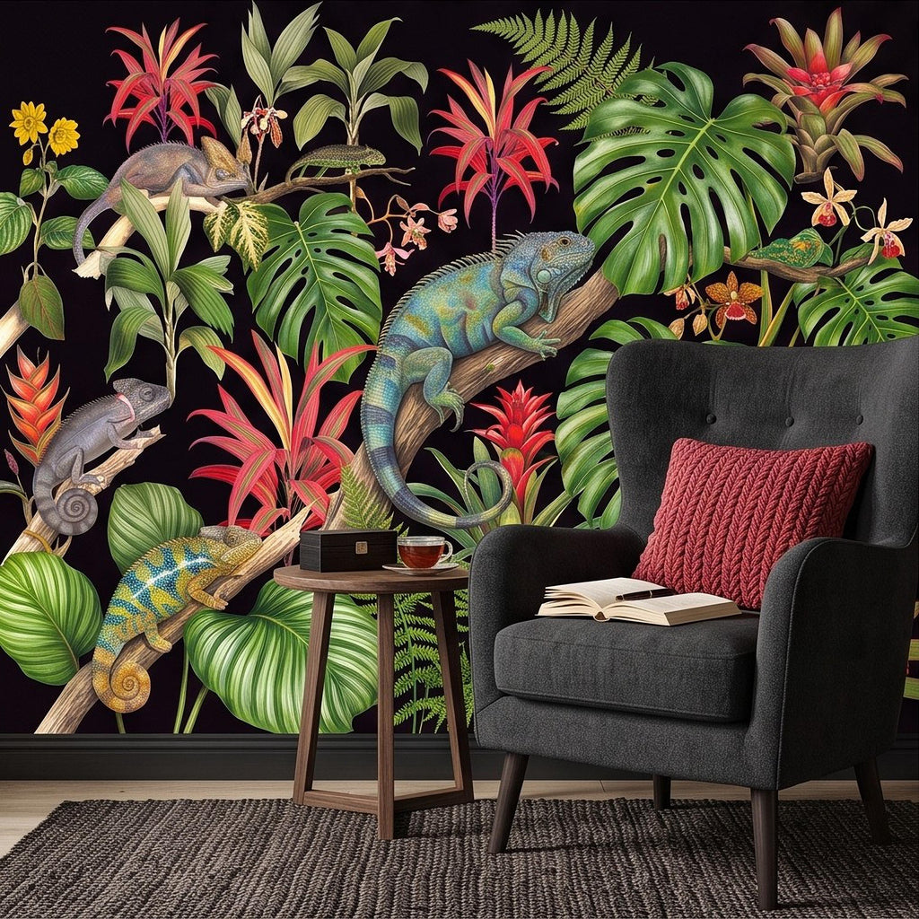 Tropical Chameleon Peel and Stick Wall Mural, Exotic Rainforest Monstera Bromeliad Orchid Jungle Botanical Wallpaper