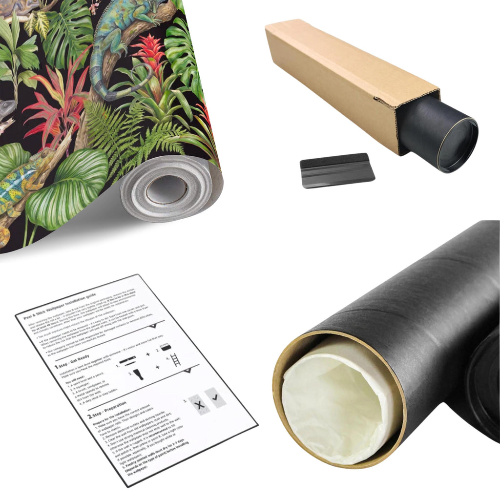 Tropical Chameleon Peel and Stick Wall Mural, Exotic Rainforest Monstera Bromeliad Orchid Jungle Botanical Wallpaper