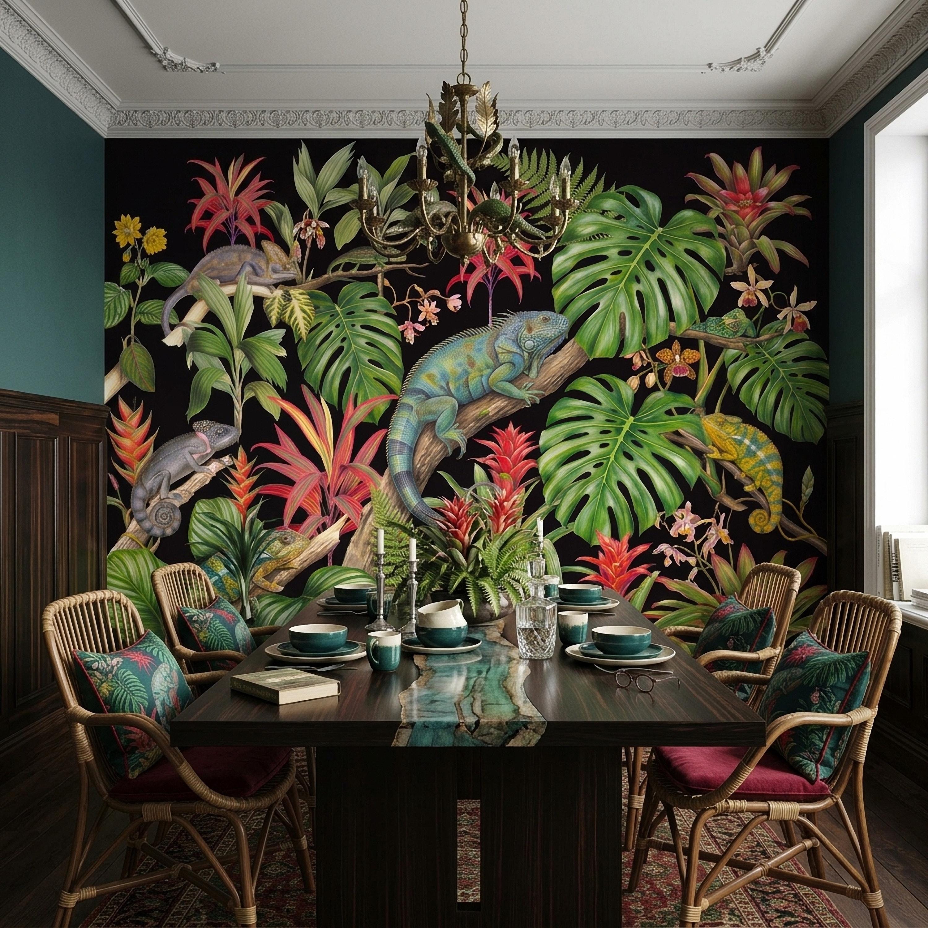 Tropical Chameleon Peel and Stick Wall Mural, Exotic Rainforest Monstera Bromeliad Orchid Jungle Botanical Wallpaper