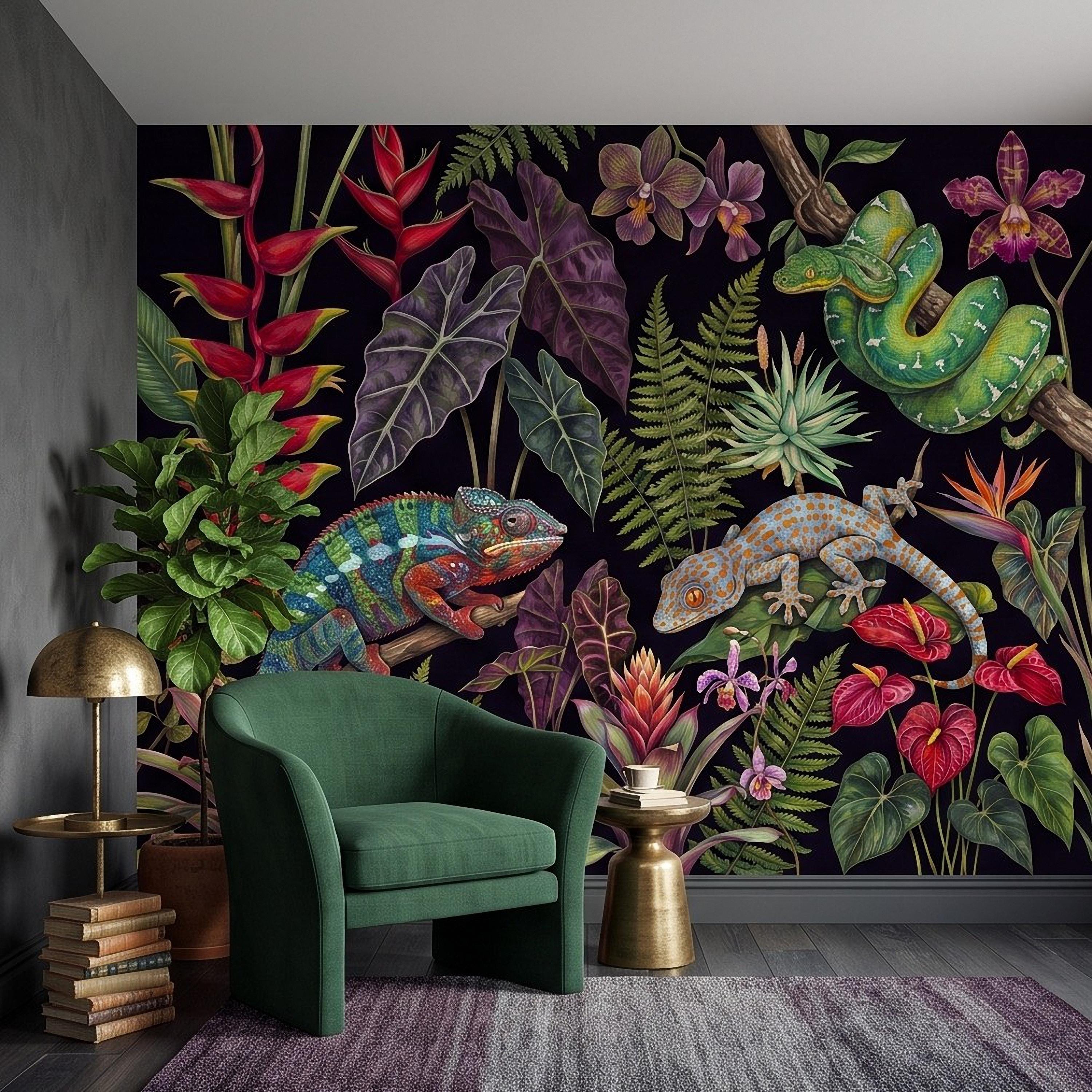 Tropical Reptile Peel and Stick Wall Mural, Chameleon Gecko Emerald Tree Python Exotic Jungle Botanical Wallpaper