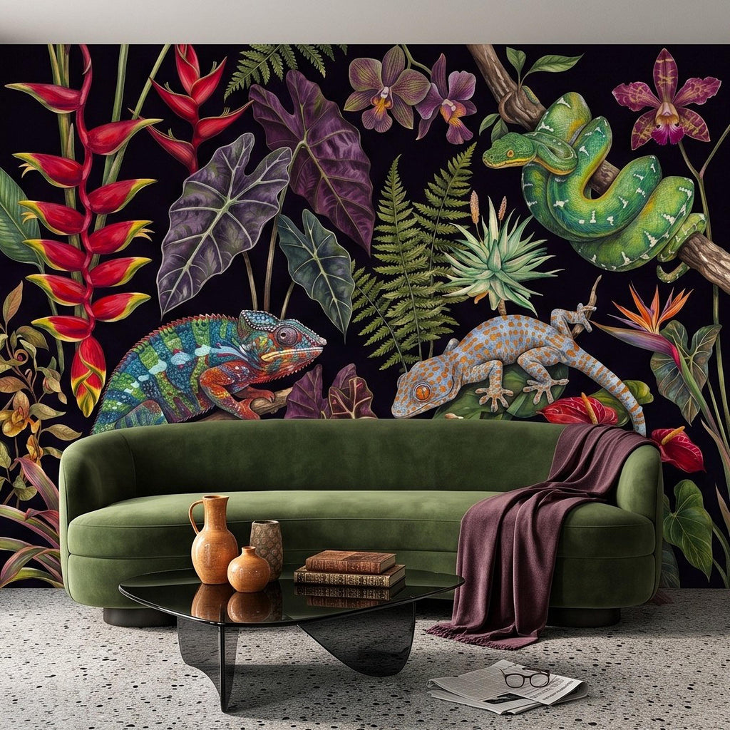 Tropical Reptile Peel and Stick Wall Mural, Chameleon Gecko Emerald Tree Python Exotic Jungle Botanical Wallpaper