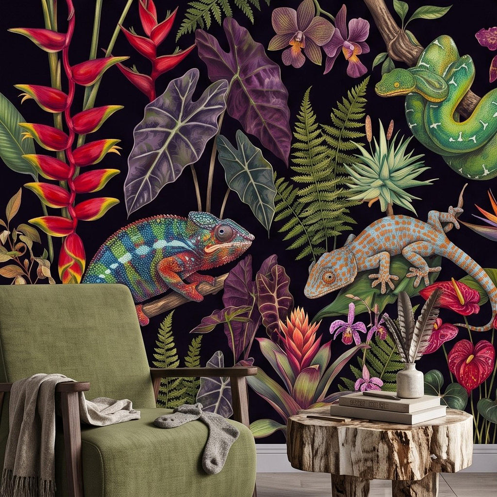 Tropical Reptile Peel and Stick Wall Mural, Chameleon Gecko Emerald Tree Python Exotic Jungle Botanical Wallpaper