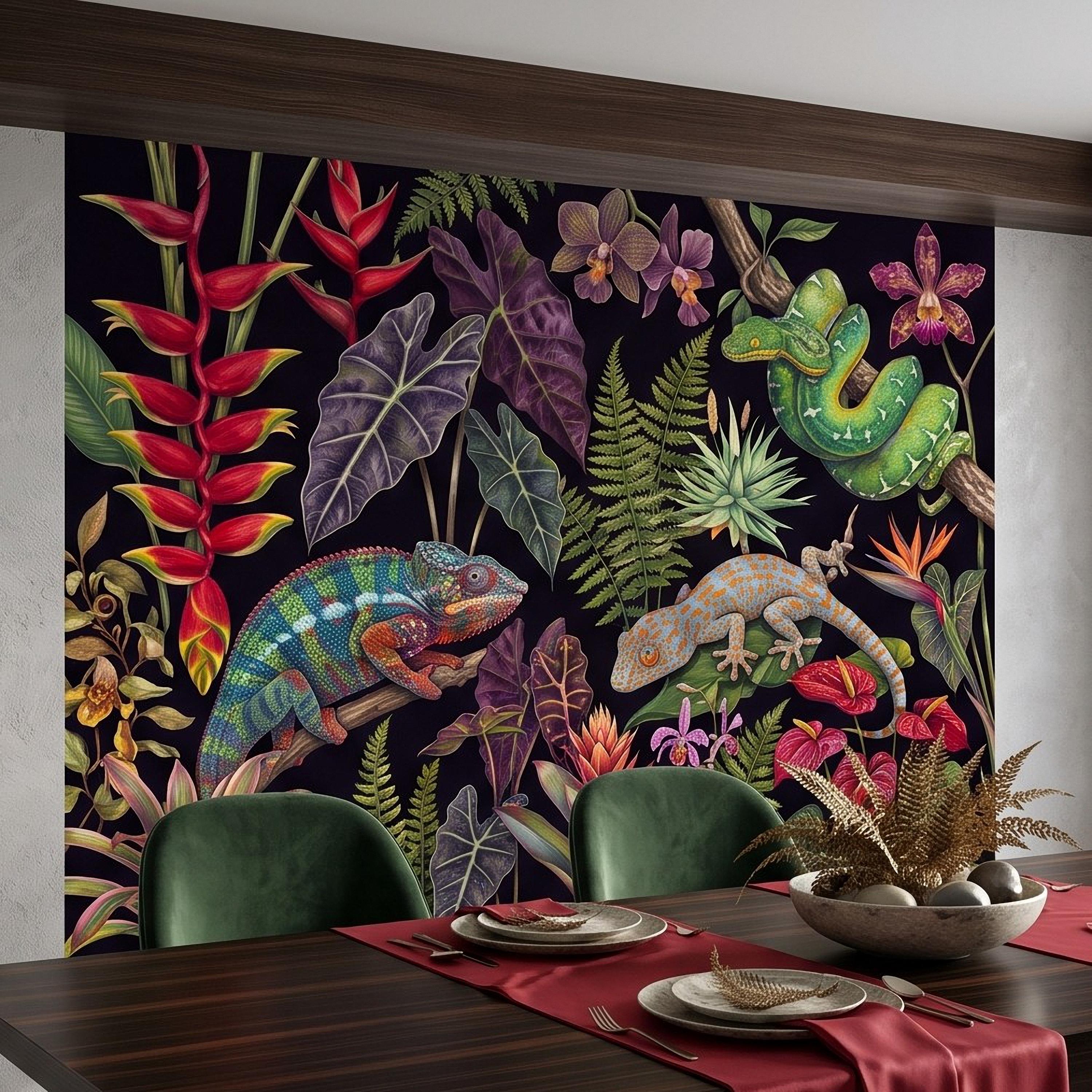 Tropical Reptile Peel and Stick Wall Mural, Chameleon Gecko Emerald Tree Python Exotic Jungle Botanical Wallpaper