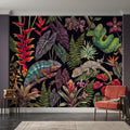 Tropical Reptile Peel and Stick Wall Mural, Chameleon Gecko Emerald Tree Python Exotic Jungle Botanical Wallpaper