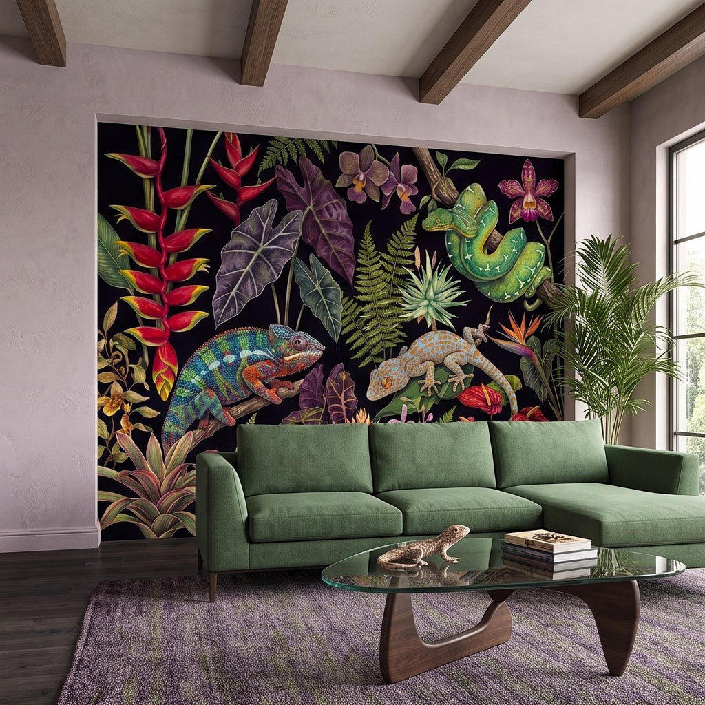 Tropical Reptile Peel and Stick Wall Mural, Chameleon Gecko Emerald Tree Python Exotic Jungle Botanical Wallpaper
