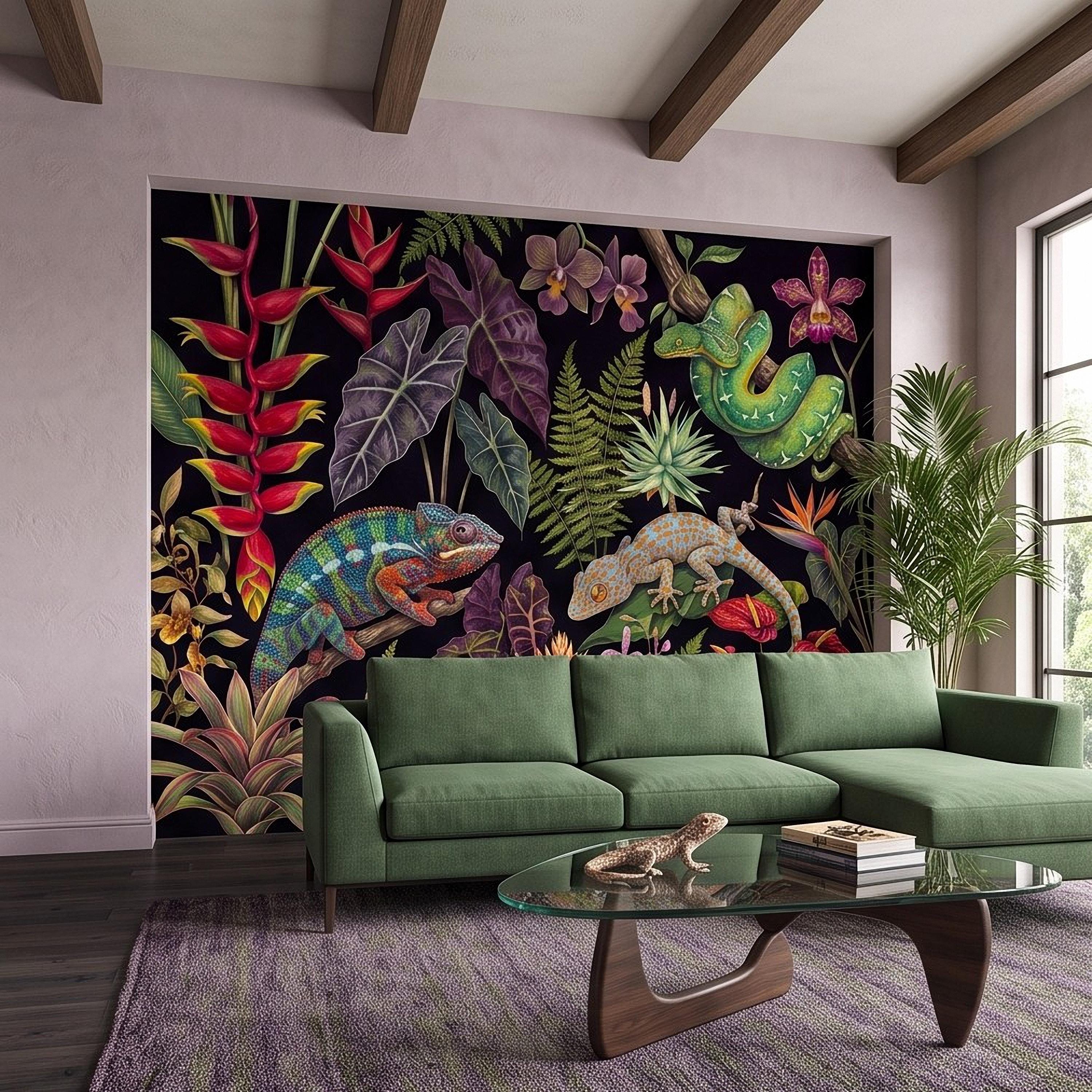 Tropical Reptile Peel and Stick Wall Mural, Chameleon Gecko Emerald Tree Python Exotic Jungle Botanical Wallpaper