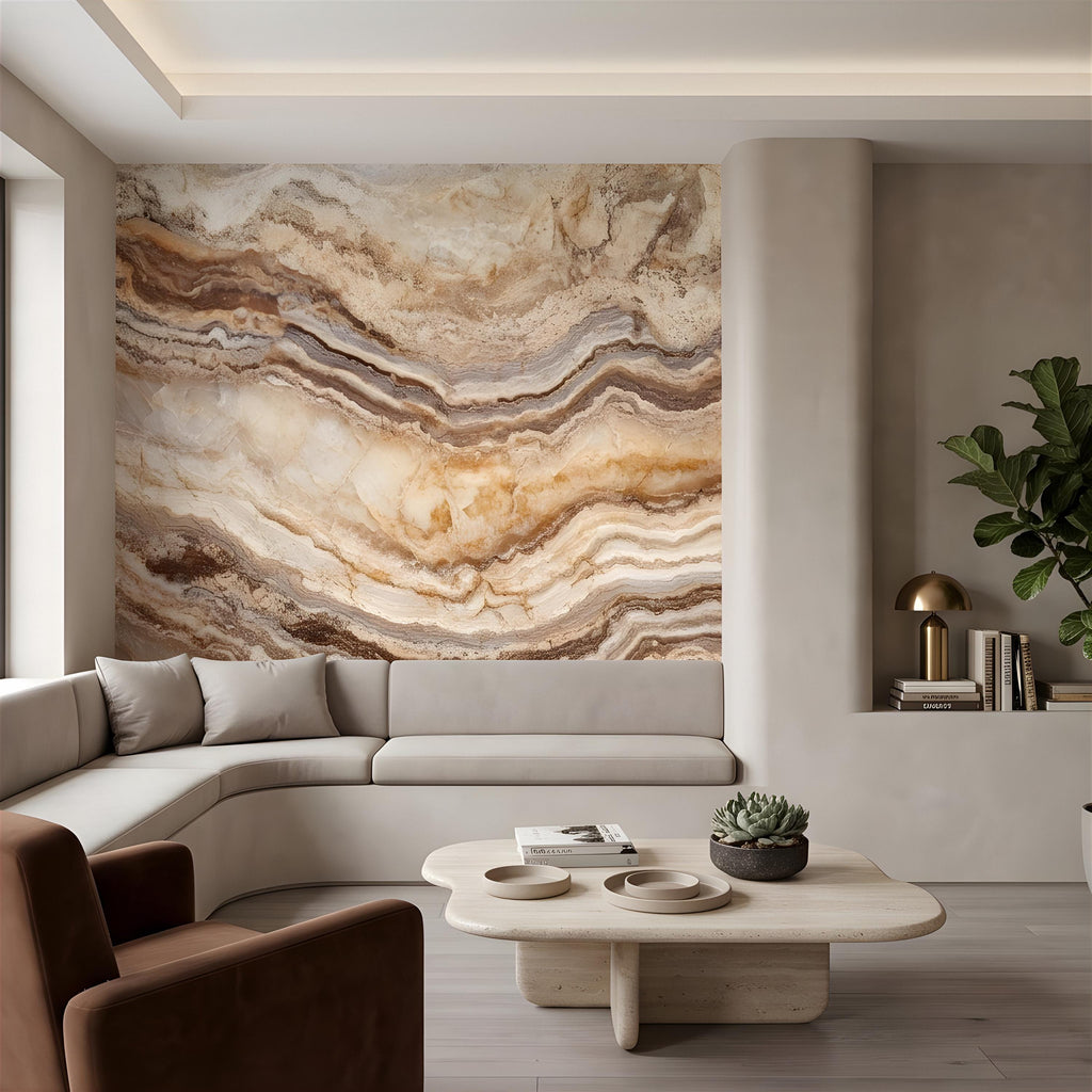 Onyx Marble Peel and Stick Wall Mural, Natural Stone Veining, Luxury Beige Agate Texture Elegant Mineral Wallpaper