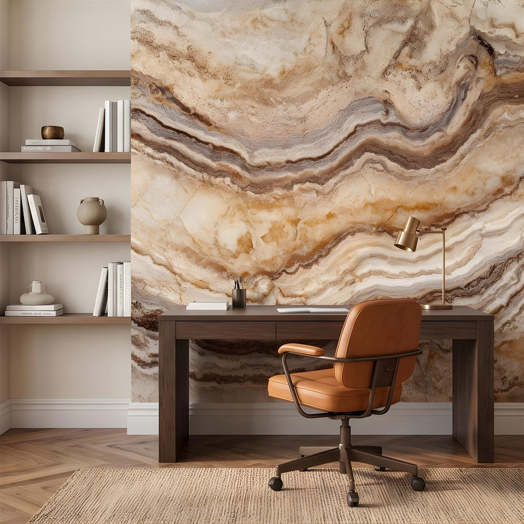 Onyx Marble Peel and Stick Wall Mural, Natural Stone Veining, Luxury Beige Agate Texture Elegant Mineral Wallpaper