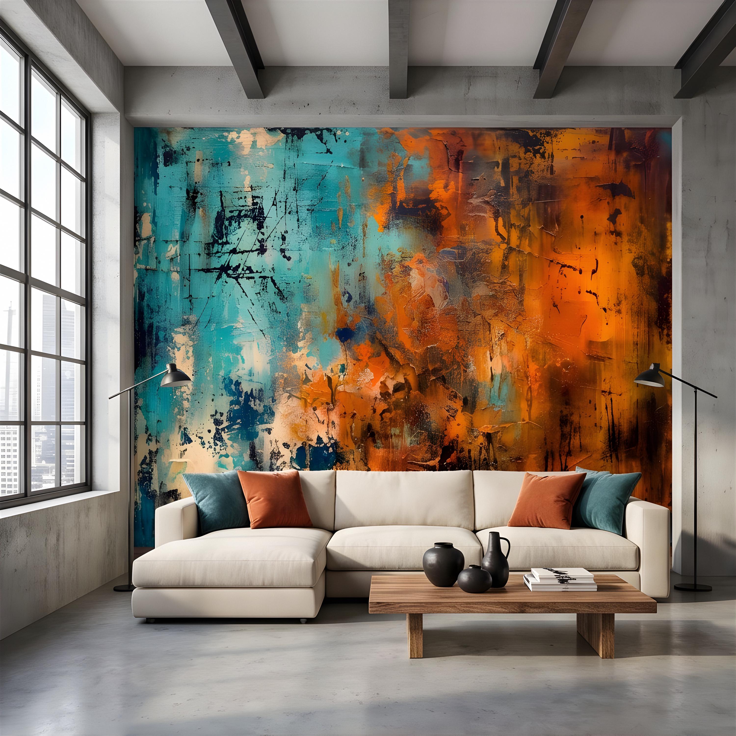 Abstract Texture Peel and Stick Wall Mural, Turquoise and Burnt Orange, Expressive Painterly Layers Contemporary Wallpaper