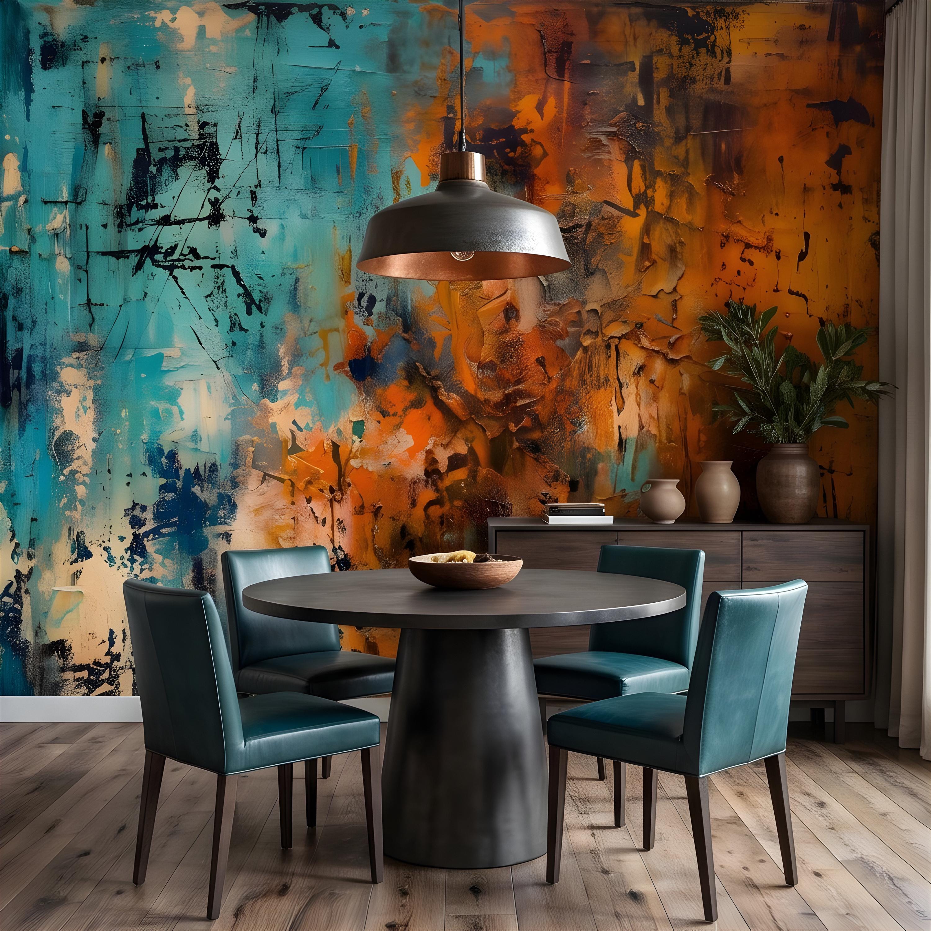 Abstract Texture Peel and Stick Wall Mural, Turquoise and Burnt Orange, Expressive Painterly Layers Contemporary Wallpaper