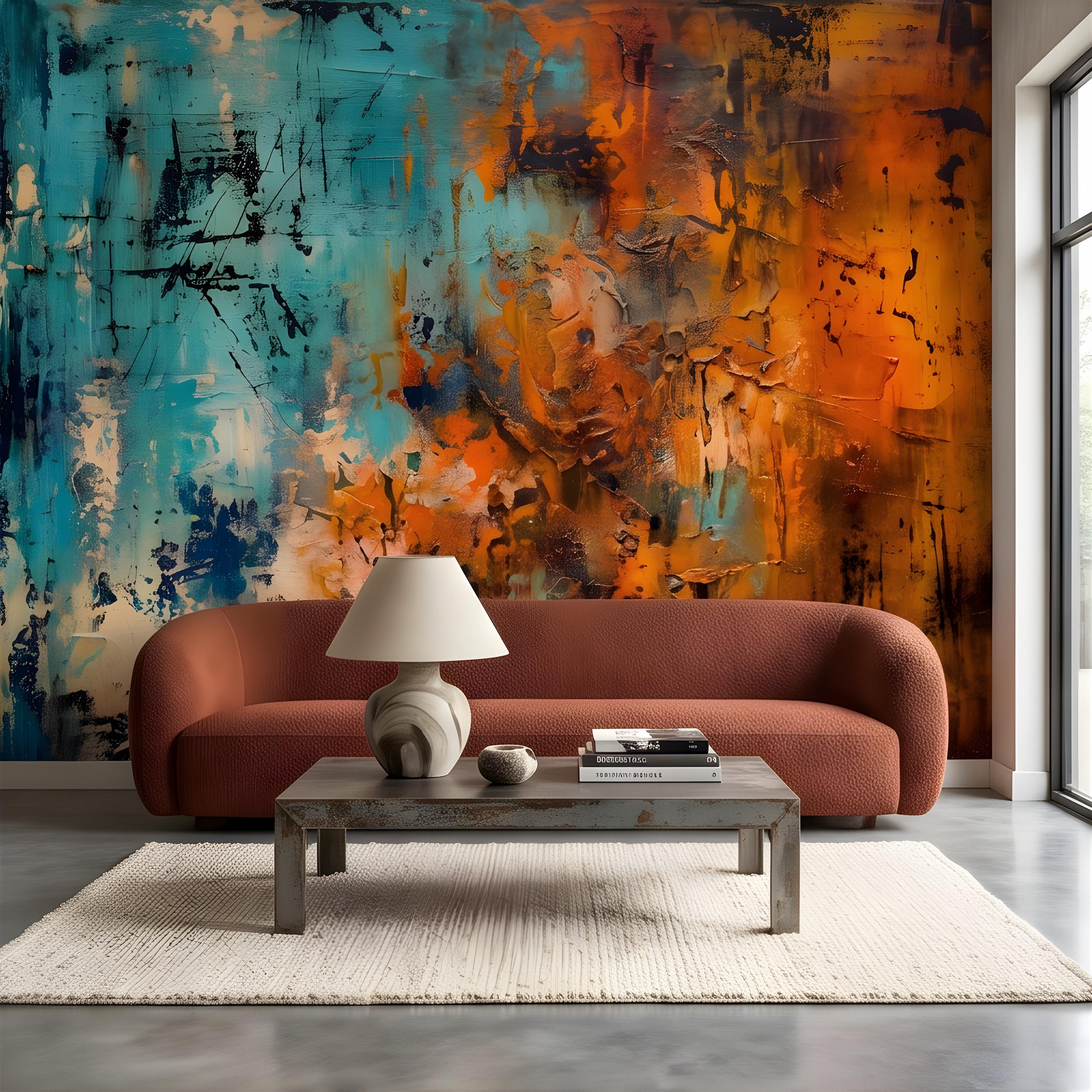 Abstract Texture Peel and Stick Wall Mural, Turquoise and Burnt Orange, Expressive Painterly Layers Contemporary Wallpaper