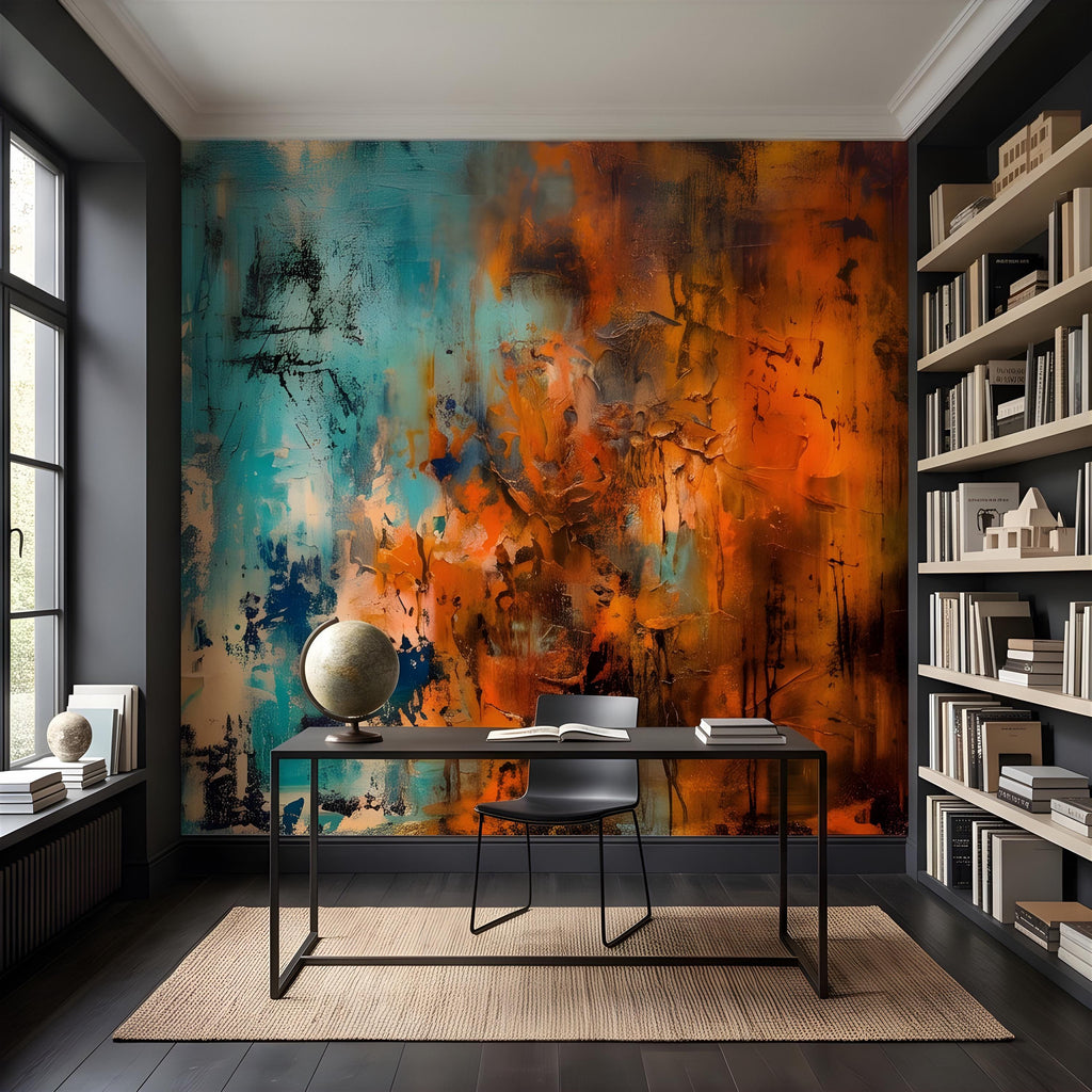 Abstract Texture Peel and Stick Wall Mural, Turquoise and Burnt Orange, Expressive Painterly Layers Contemporary Wallpaper