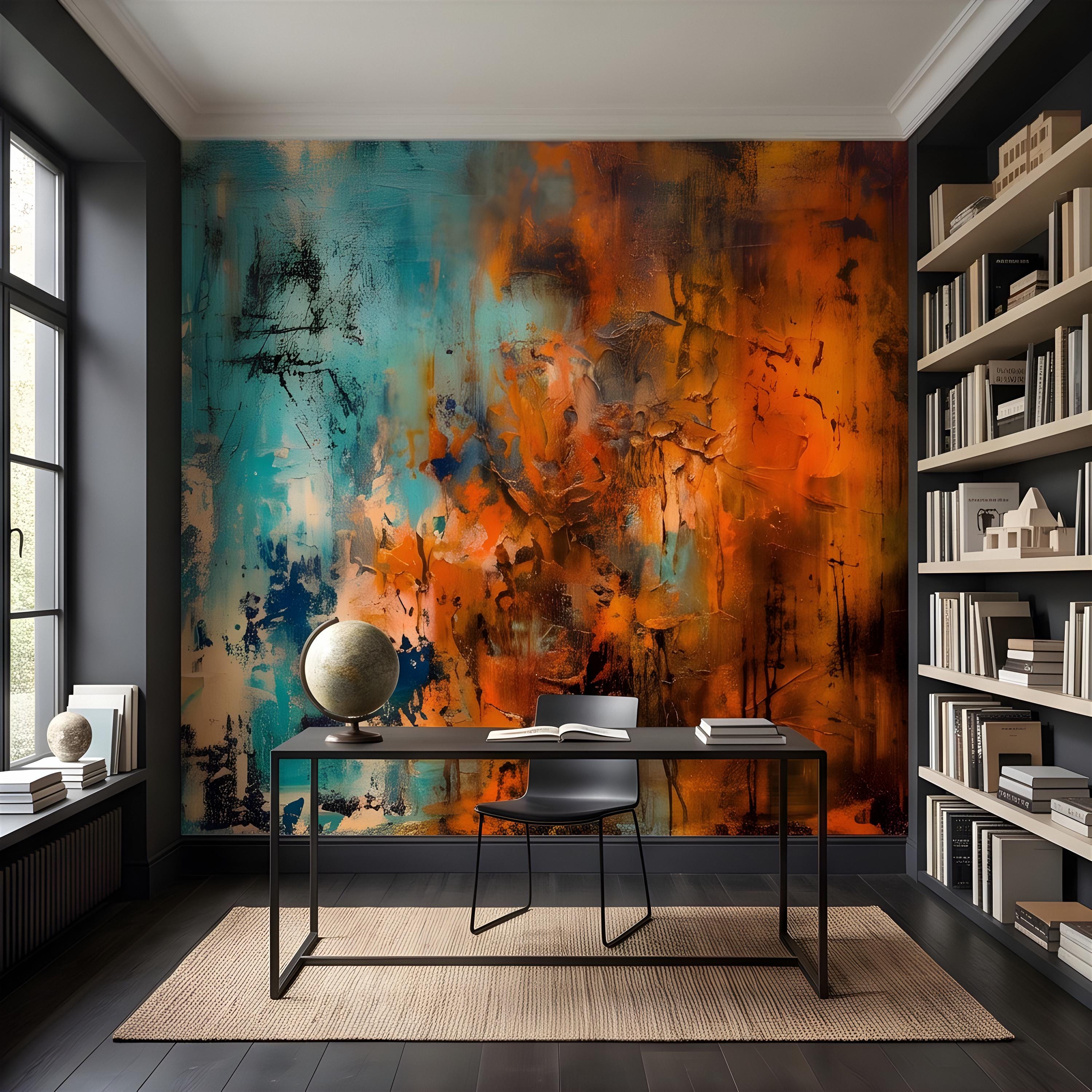 Abstract Texture Peel and Stick Wall Mural, Turquoise and Burnt Orange, Expressive Painterly Layers Contemporary Wallpaper