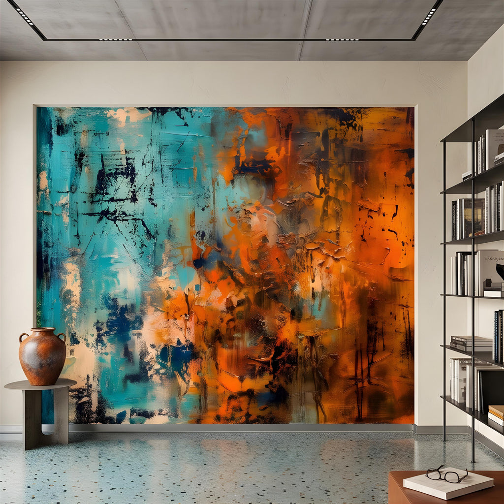 Abstract Texture Peel and Stick Wall Mural, Turquoise and Burnt Orange, Expressive Painterly Layers Contemporary Wallpaper