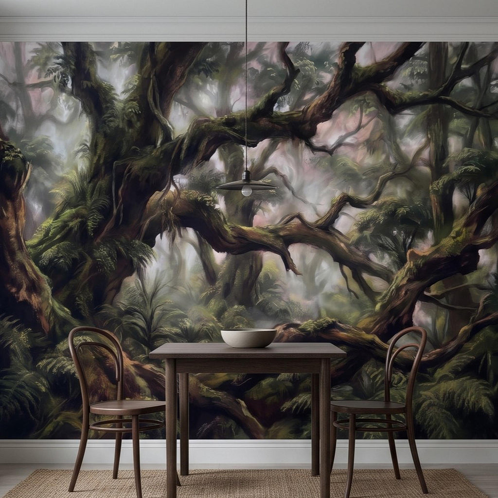 Misty Rainforest Peel and Stick Wall Mural, Ancient Mossy Trees Lush Tropical Forest Moody Nature Landscape Wallpaper