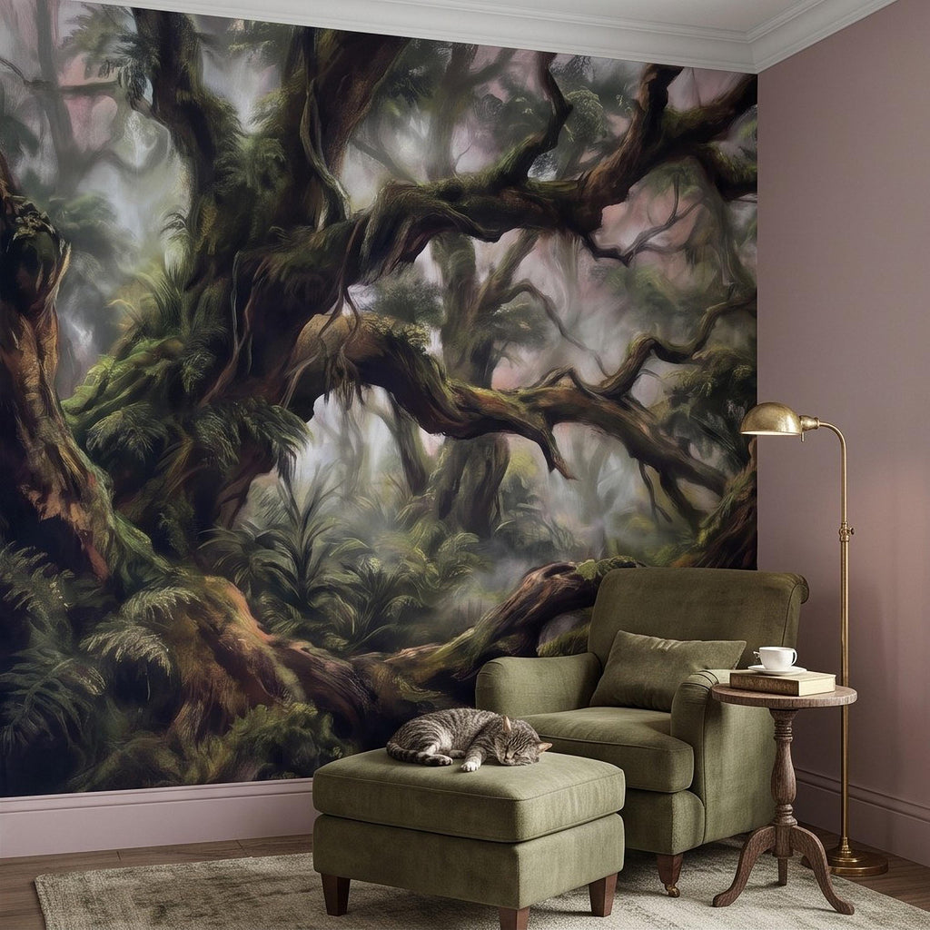 Misty Rainforest Peel and Stick Wall Mural, Ancient Mossy Trees Lush Tropical Forest Moody Nature Landscape Wallpaper