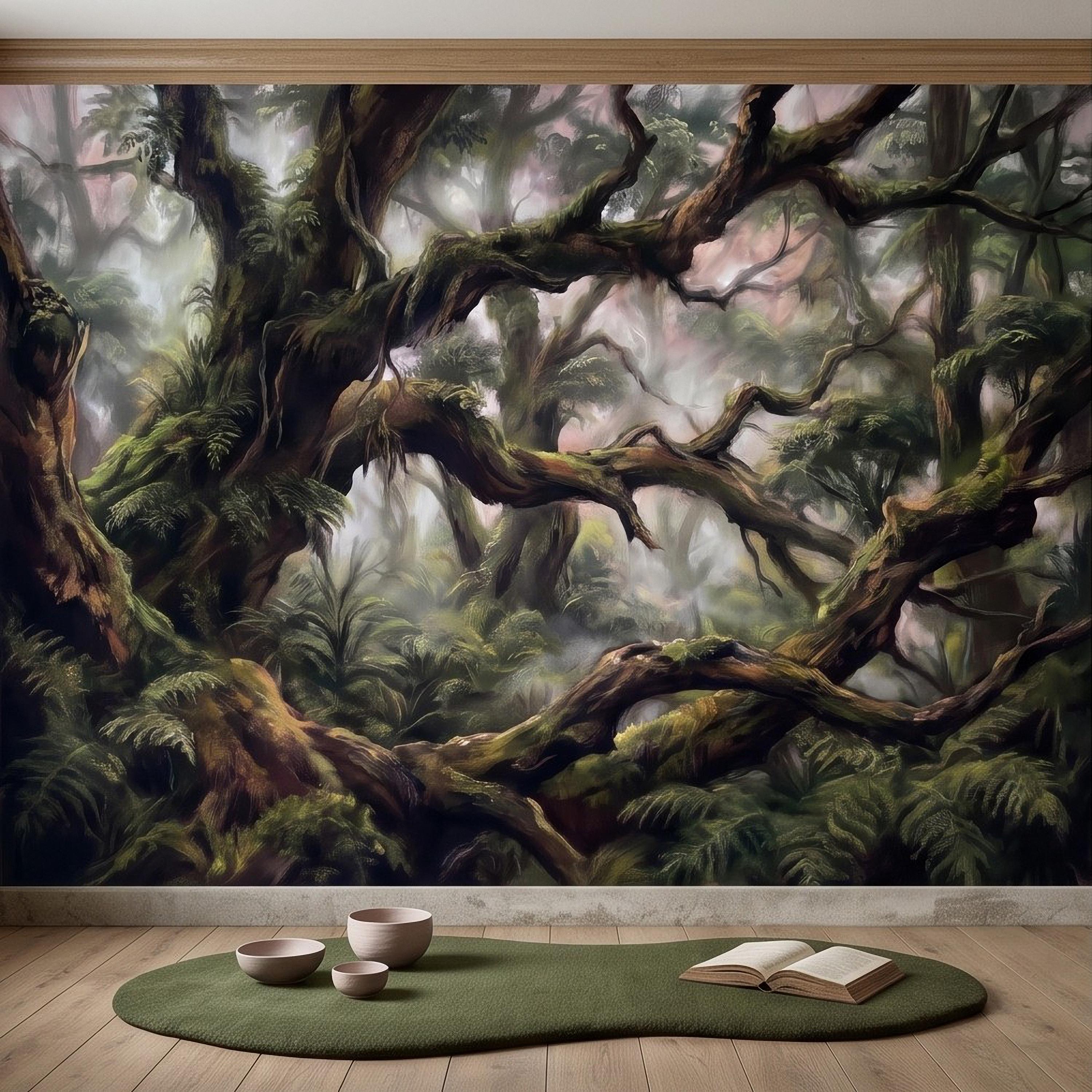 Misty Rainforest Peel and Stick Wall Mural, Ancient Mossy Trees Lush Tropical Forest Moody Nature Landscape Wallpaper