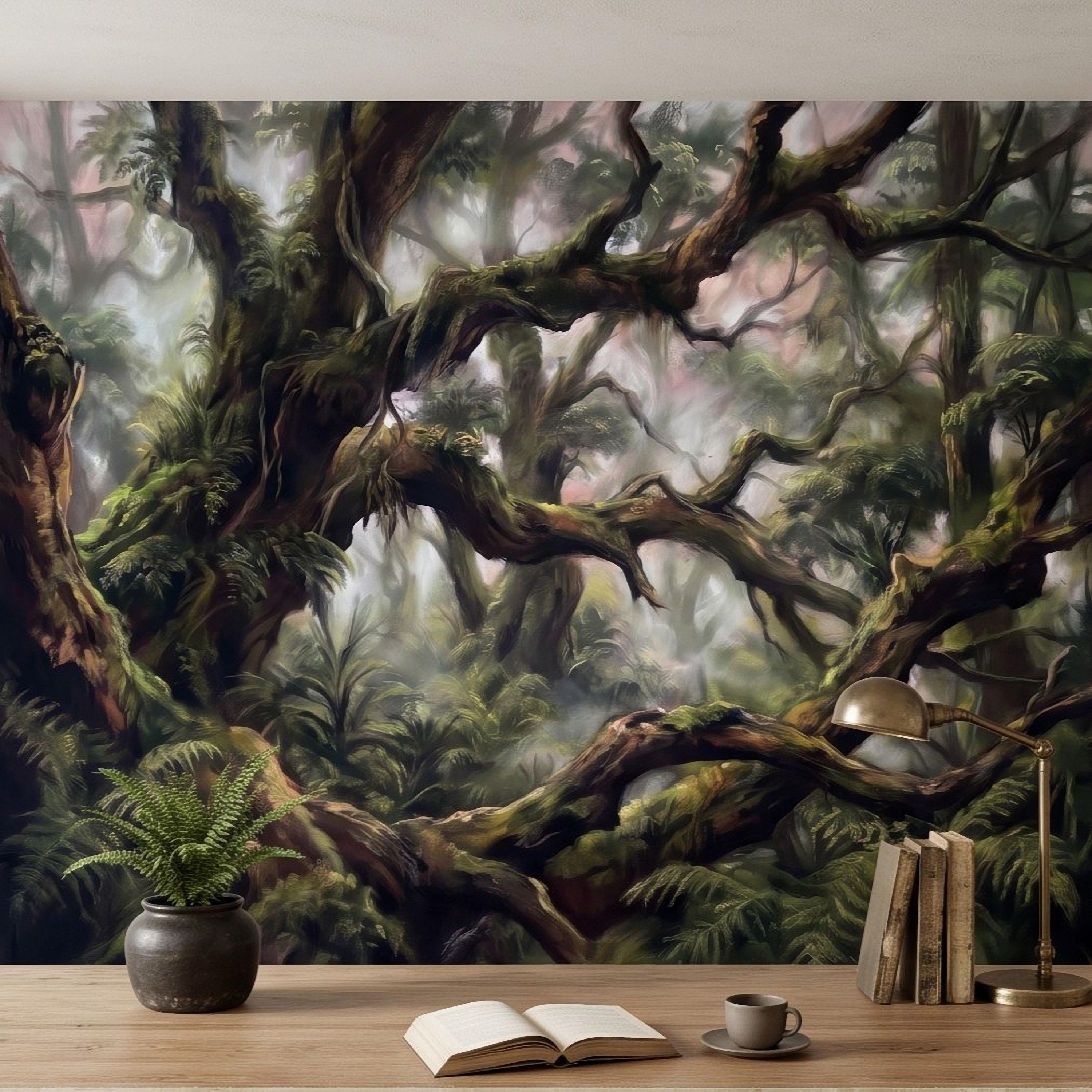 Misty Rainforest Peel and Stick Wall Mural, Ancient Mossy Trees Lush Tropical Forest Moody Nature Landscape Wallpaper