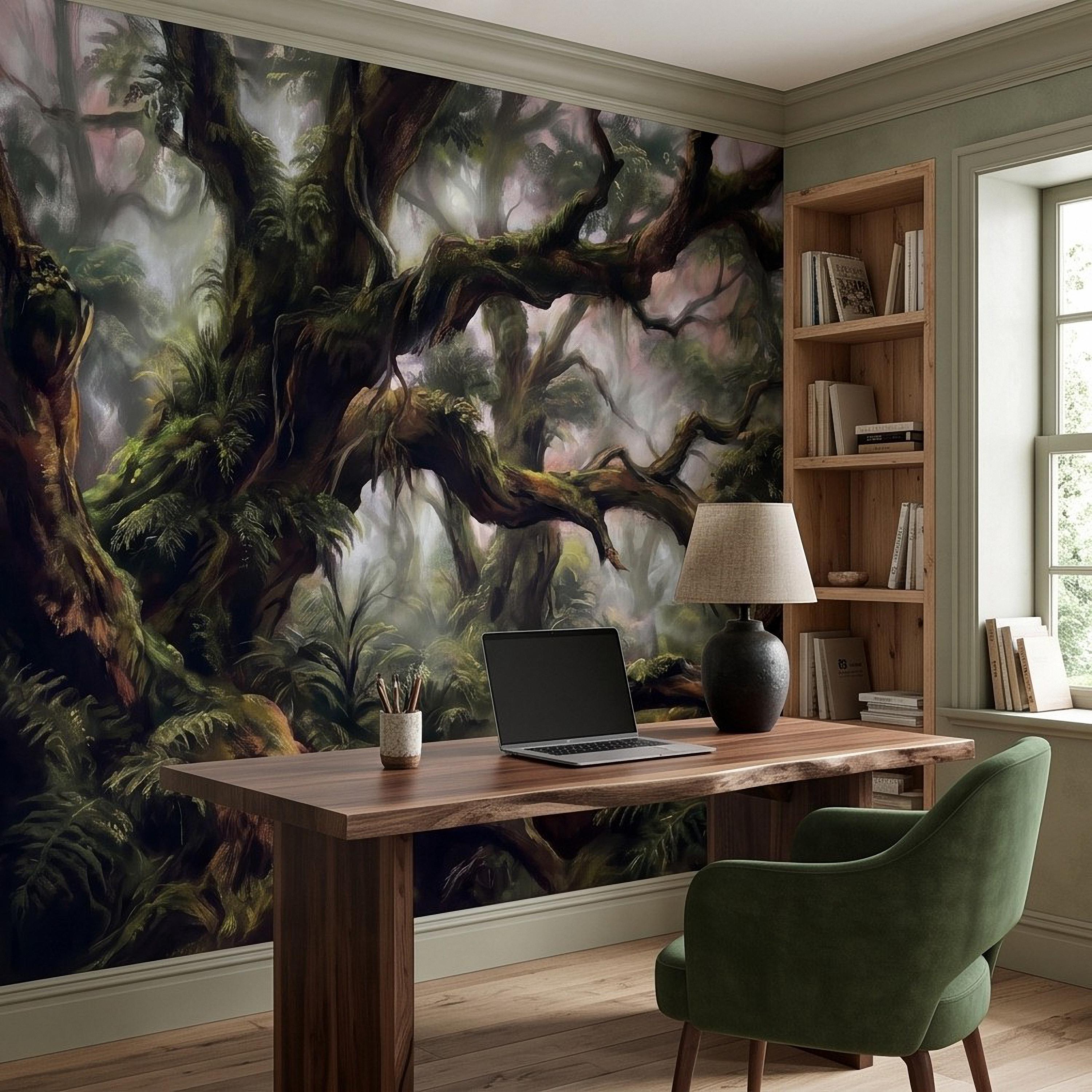 Misty Rainforest Peel and Stick Wall Mural, Ancient Mossy Trees Lush Tropical Forest Moody Nature Landscape Wallpaper