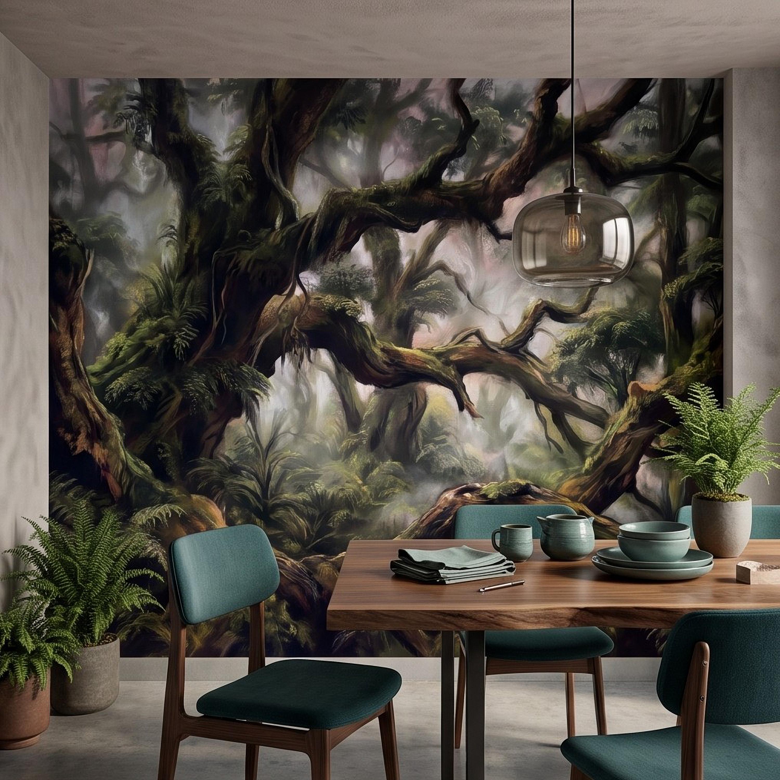 Misty Rainforest Peel and Stick Wall Mural, Ancient Mossy Trees Lush Tropical Forest Moody Nature Landscape Wallpaper