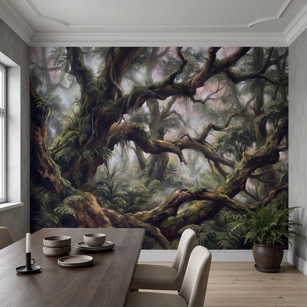 Misty Rainforest Peel and Stick Wall Mural, Ancient Mossy Trees Lush Tropical Forest Moody Nature Landscape Wallpaper