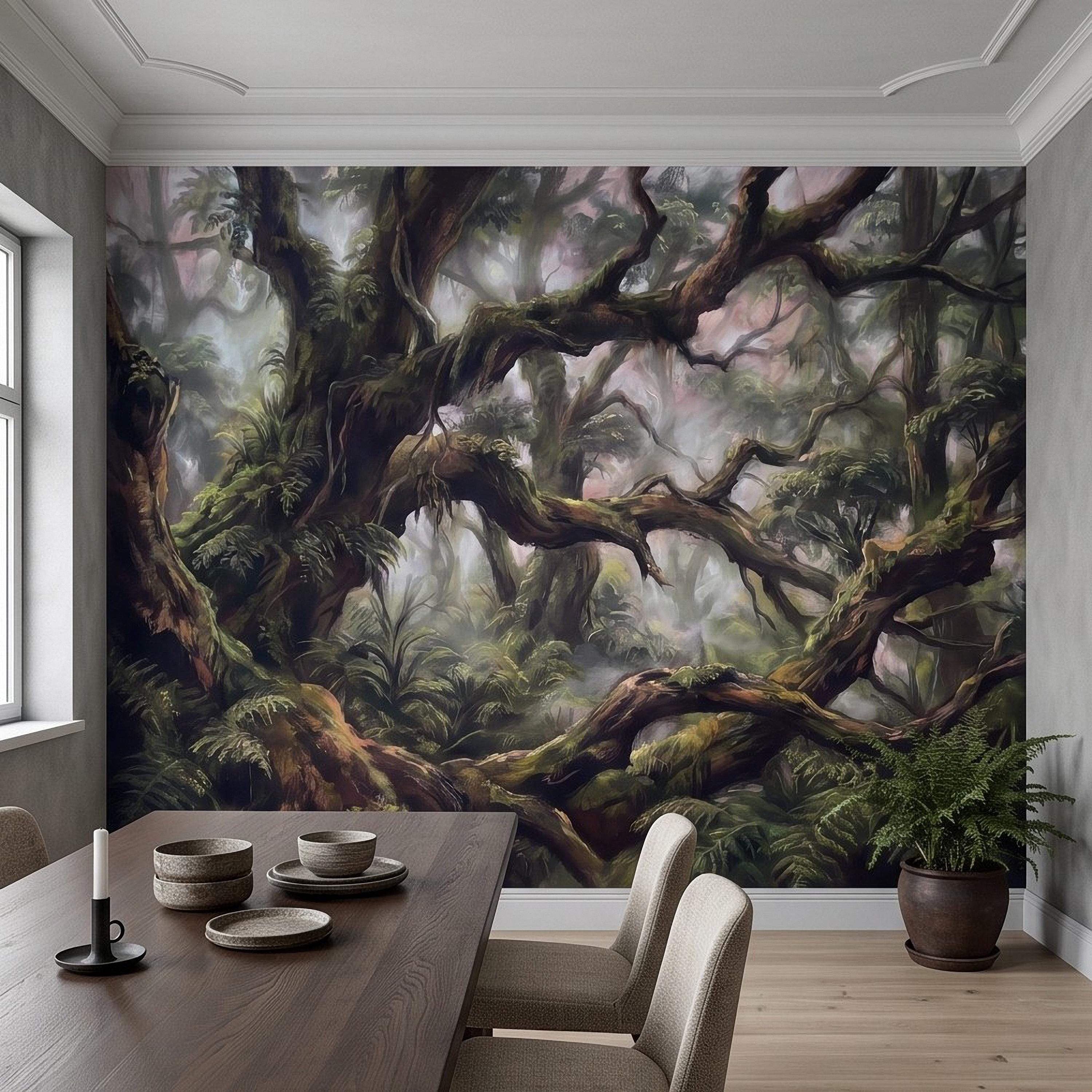 Misty Rainforest Peel and Stick Wall Mural, Ancient Mossy Trees Lush Tropical Forest Moody Nature Landscape Wallpaper