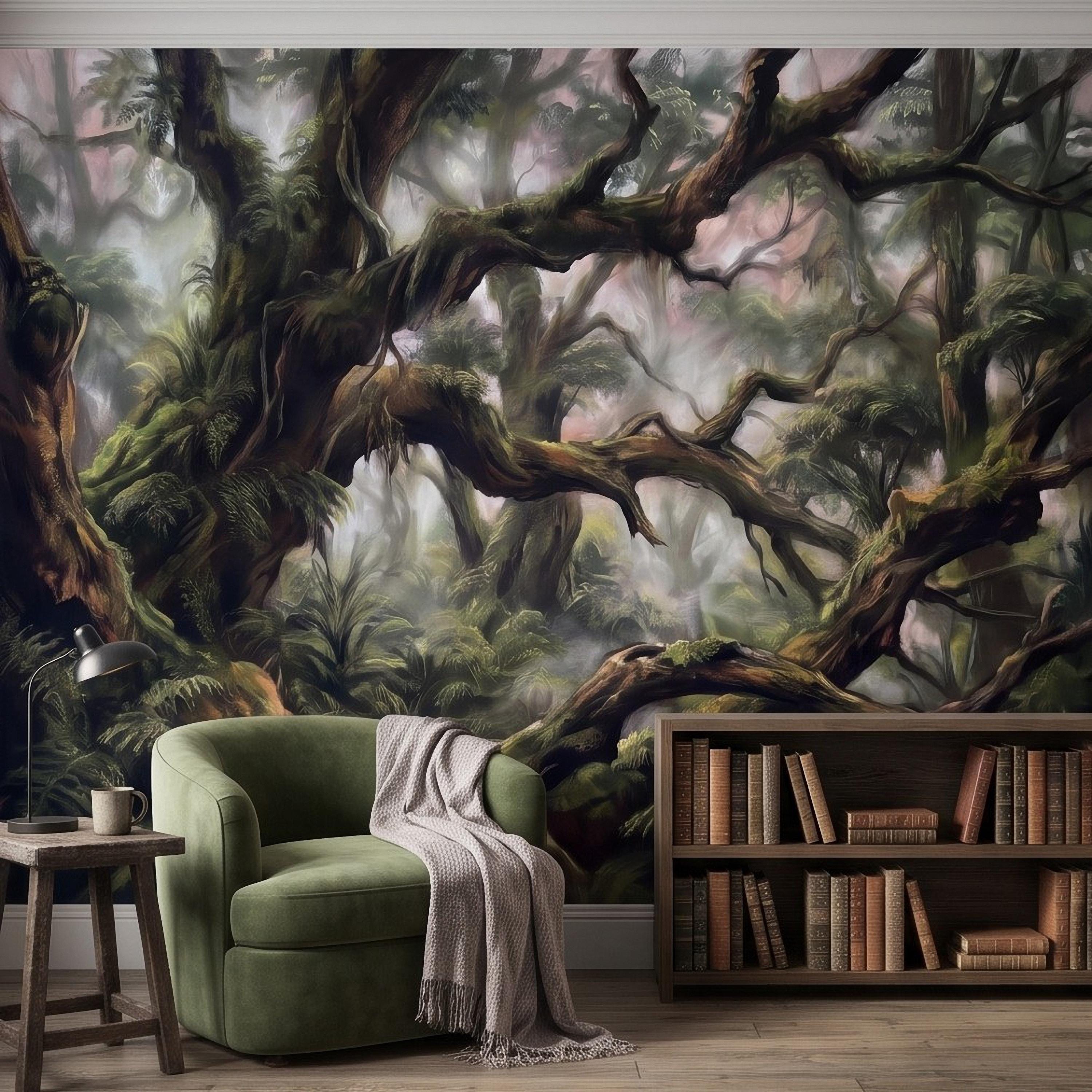 Misty Rainforest Peel and Stick Wall Mural, Ancient Mossy Trees Lush Tropical Forest Moody Nature Landscape Wallpaper