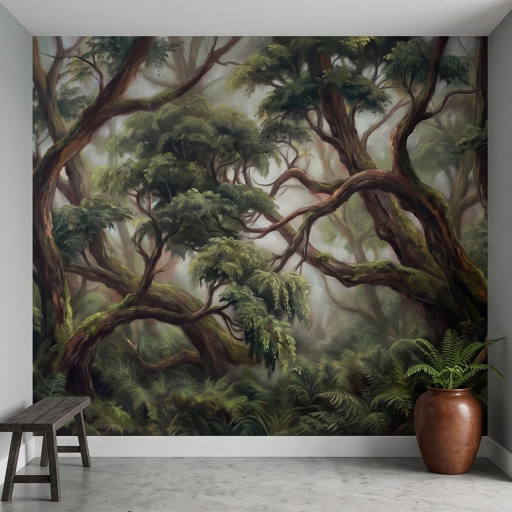 Enchanted Forest Peel and Stick Wall Mural, Ancient Moss Covered Trees Misty Woodland Lush Green Nature Landscape Wallpaper