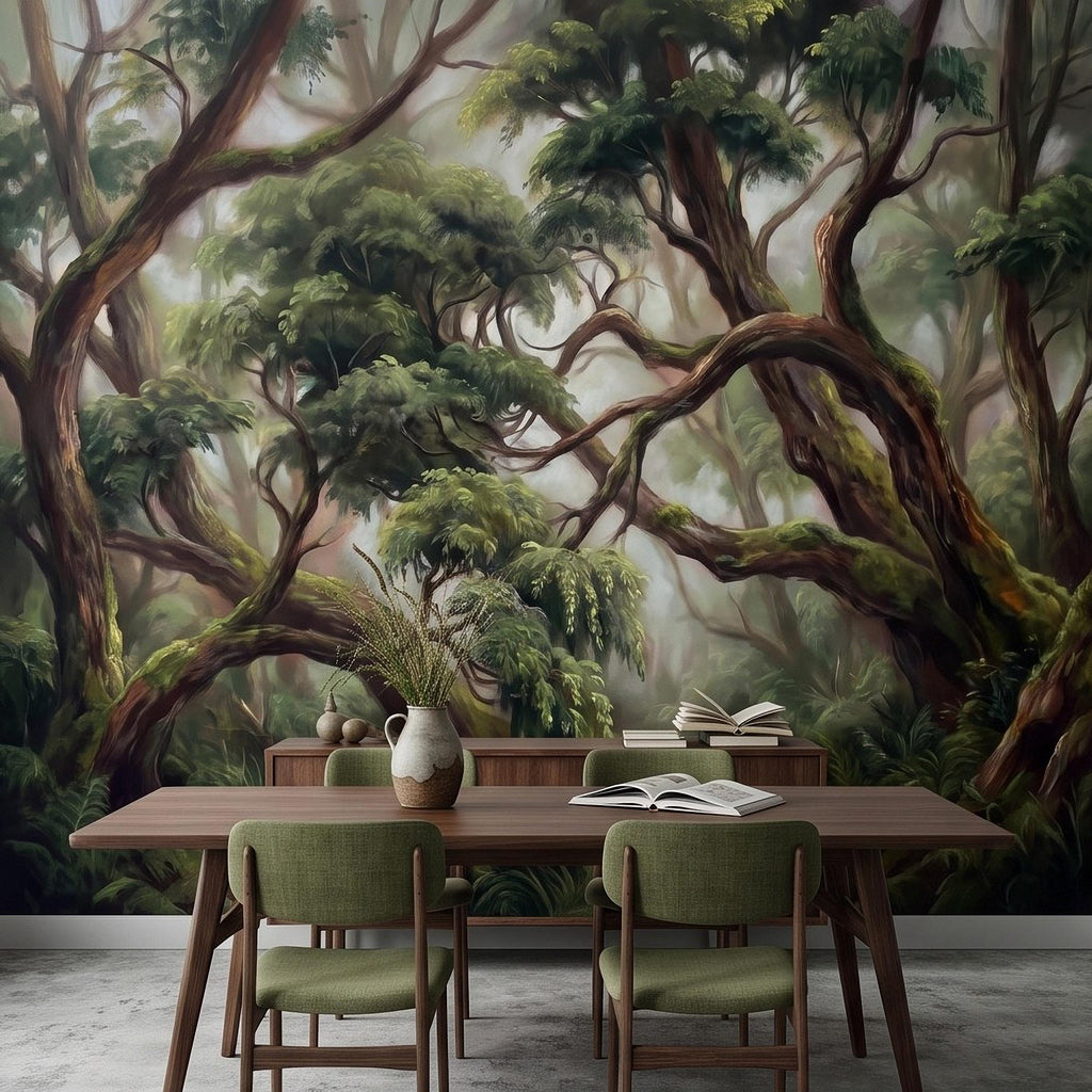 Enchanted Forest Peel and Stick Wall Mural, Ancient Moss Covered Trees Misty Woodland Lush Green Nature Landscape Wallpaper