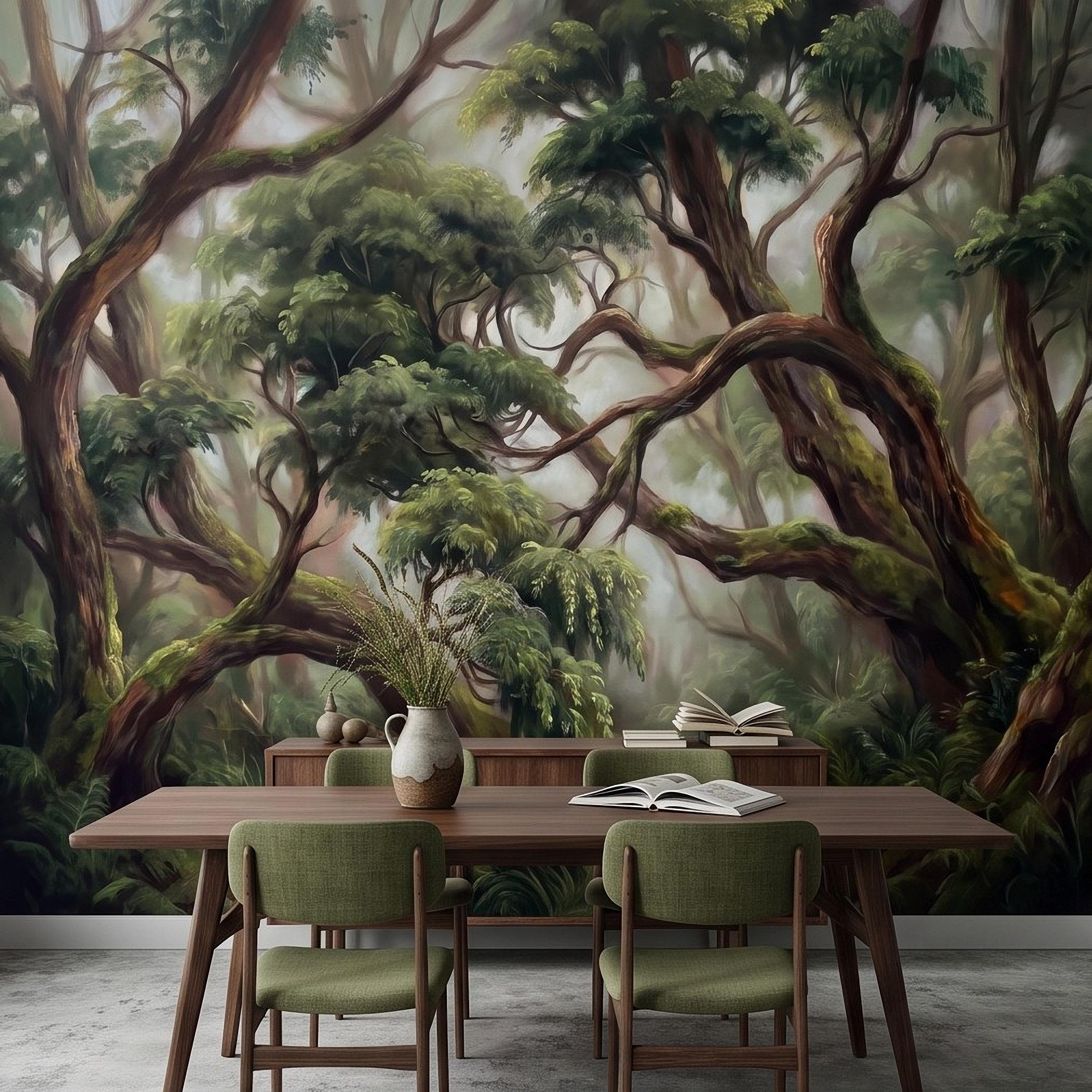 Enchanted Forest Peel and Stick Wall Mural, Ancient Moss Covered Trees Misty Woodland Lush Green Nature Landscape Wallpaper