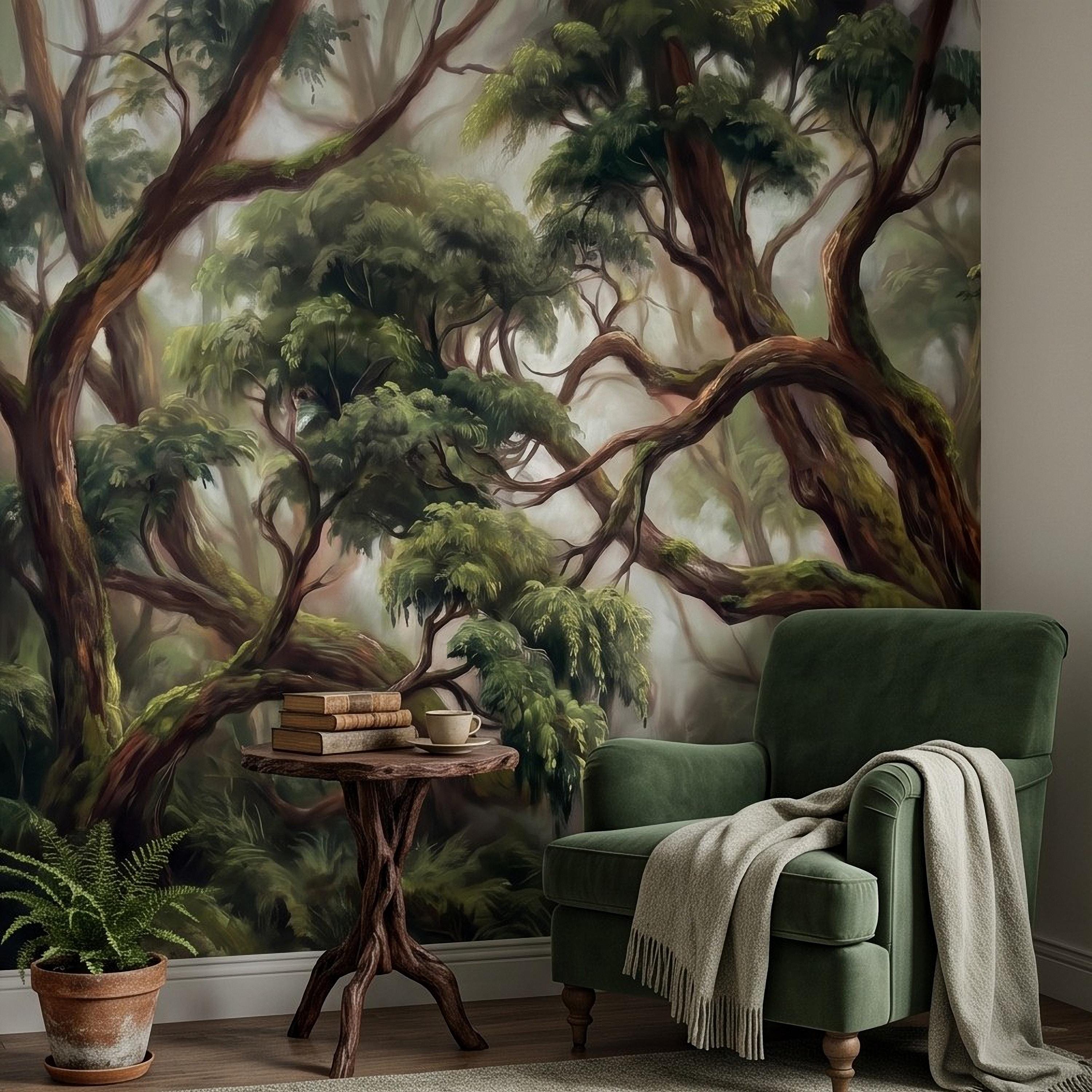 Enchanted Forest Peel and Stick Wall Mural, Ancient Moss Covered Trees Misty Woodland Lush Green Nature Landscape Wallpaper