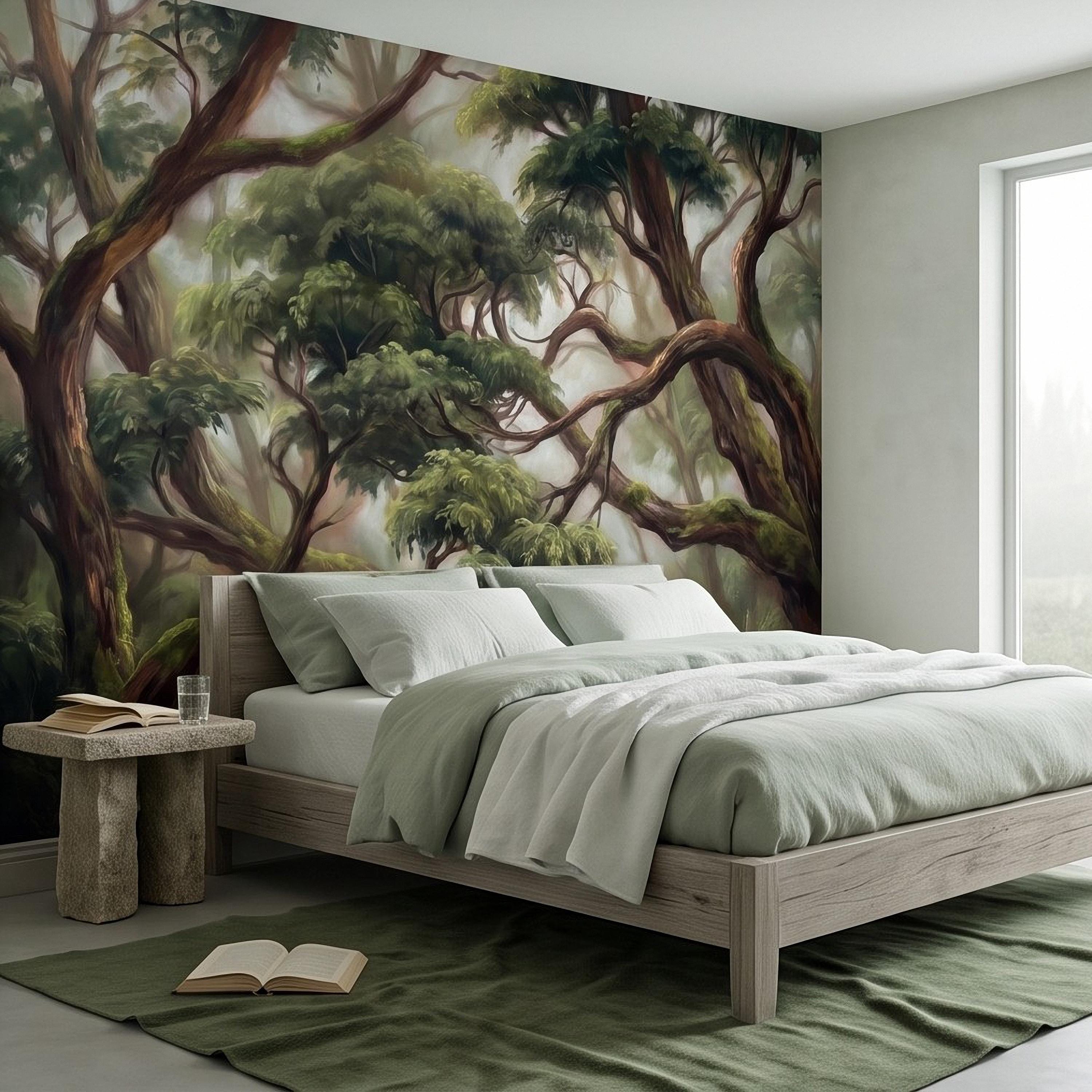 Enchanted Forest Peel and Stick Wall Mural, Ancient Moss Covered Trees Misty Woodland Lush Green Nature Landscape Wallpaper