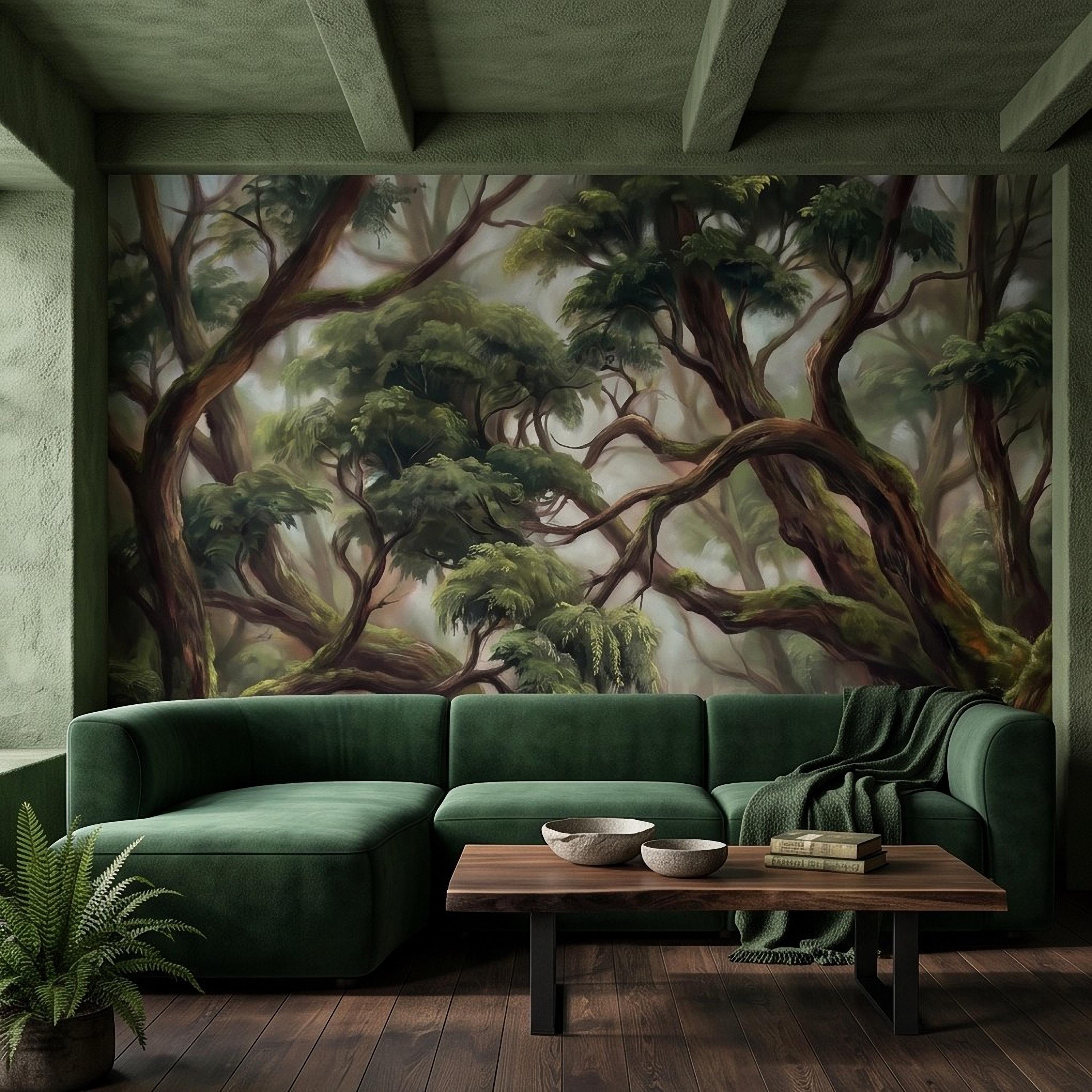 Enchanted Forest Peel and Stick Wall Mural, Ancient Moss Covered Trees Misty Woodland Lush Green Nature Landscape Wallpaper