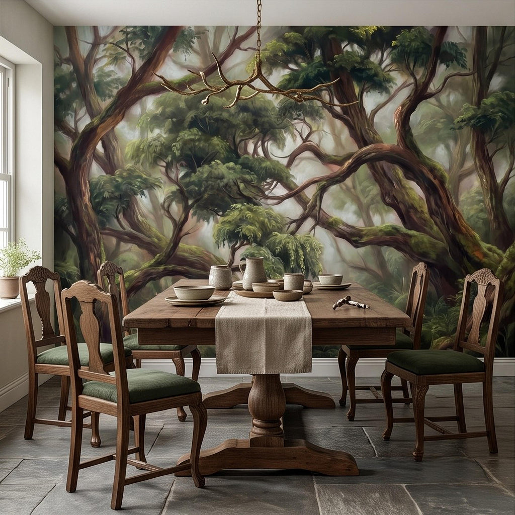 Enchanted Forest Peel and Stick Wall Mural, Ancient Moss Covered Trees Misty Woodland Lush Green Nature Landscape Wallpaper