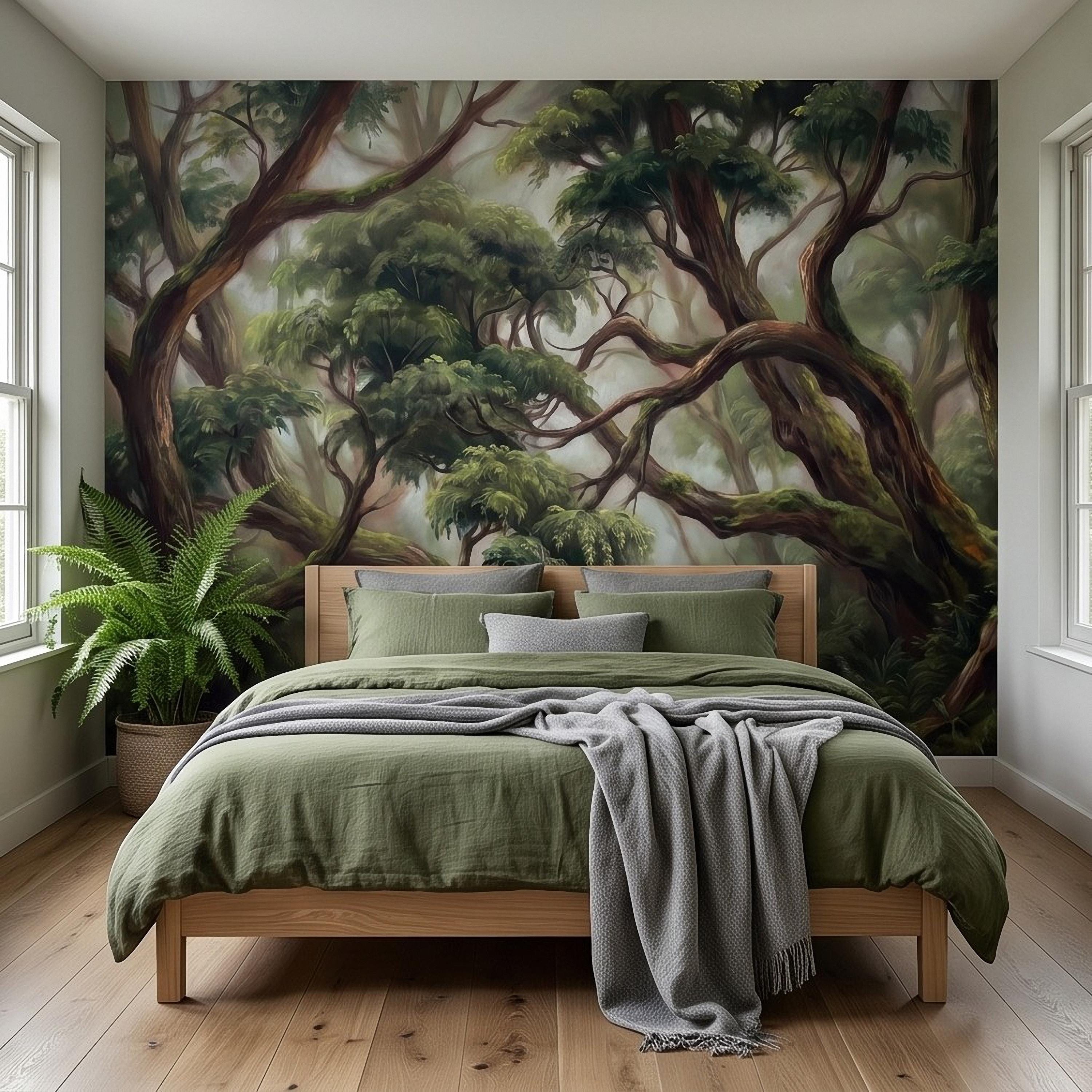 Enchanted Forest Peel and Stick Wall Mural, Ancient Moss Covered Trees Misty Woodland Lush Green Nature Landscape Wallpaper