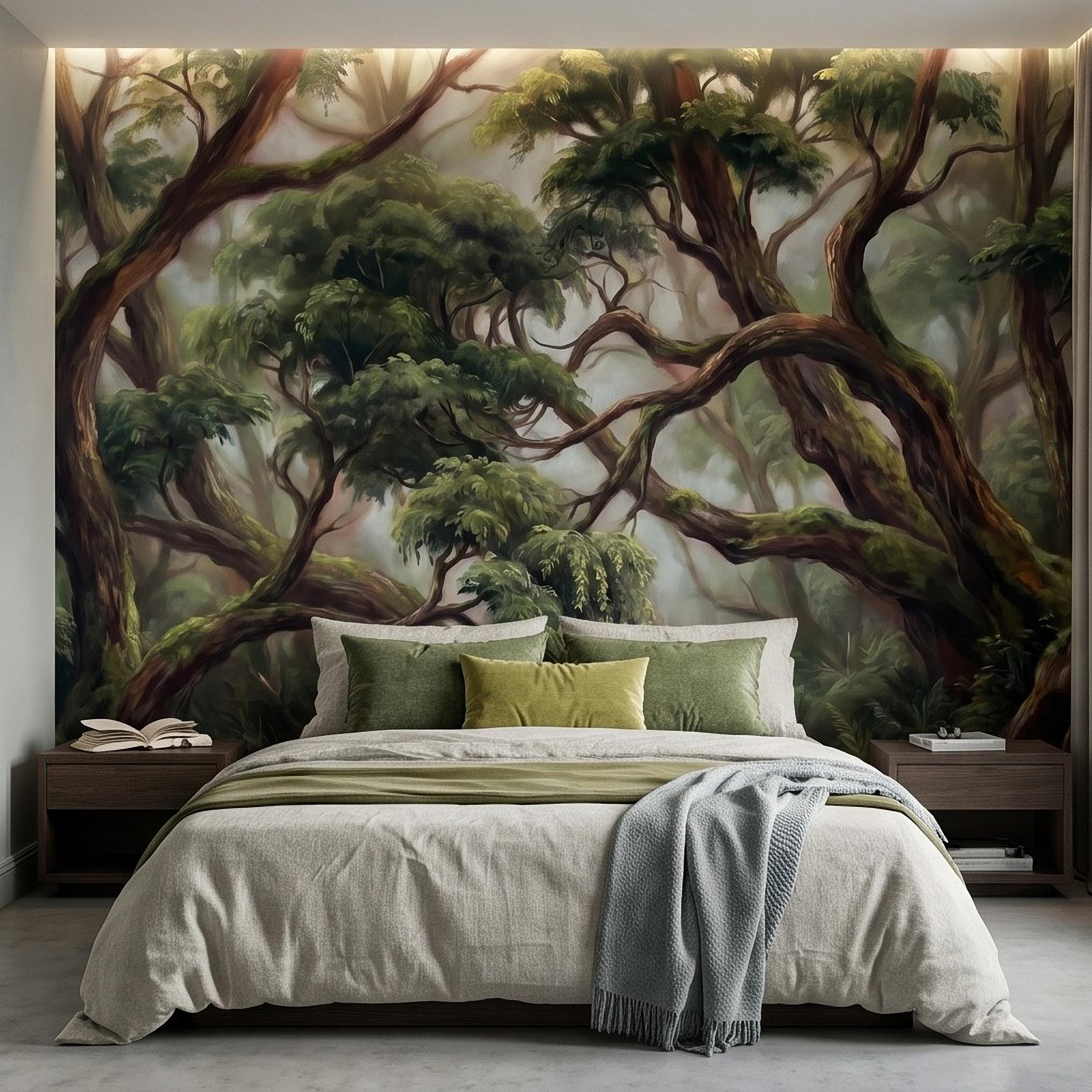 Enchanted Forest Peel and Stick Wall Mural, Ancient Moss Covered Trees Misty Woodland Lush Green Nature Landscape Wallpaper
