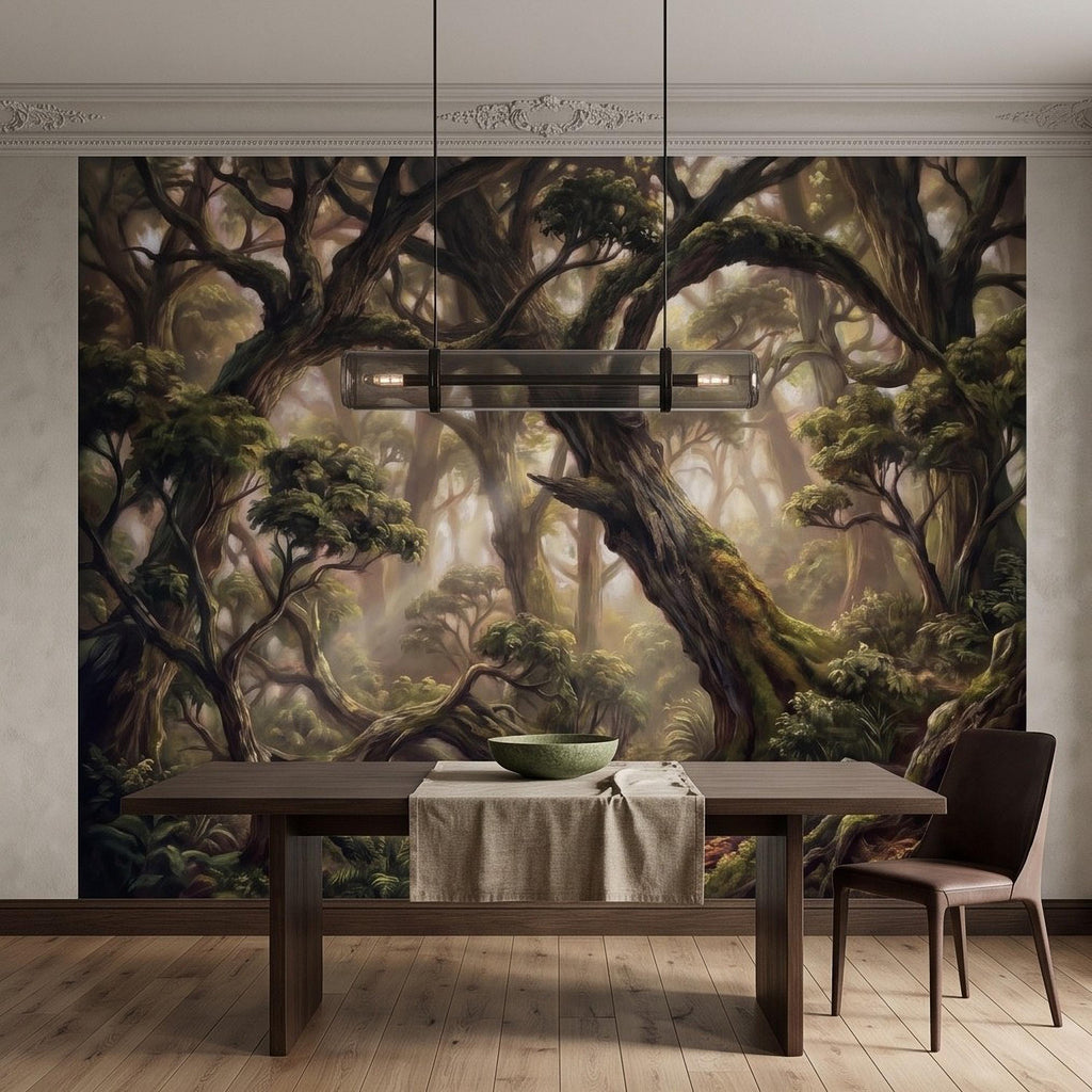 Ancient Forest Peel and Stick Wall Mural, Enchanted Mossy Trees Sunlit Woodland Lush Green Nature Landscape Wallpaper
