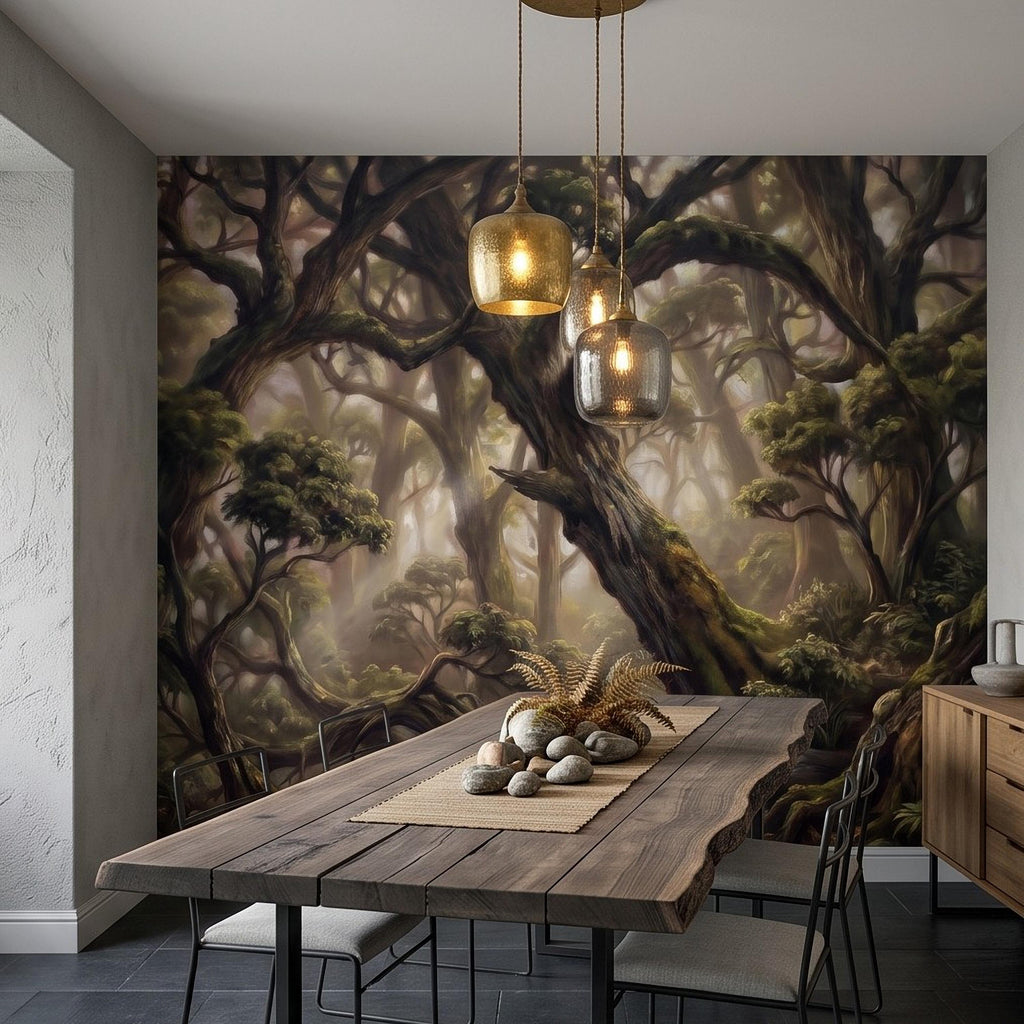 Ancient Forest Peel and Stick Wall Mural, Enchanted Mossy Trees Sunlit Woodland Lush Green Nature Landscape Wallpaper