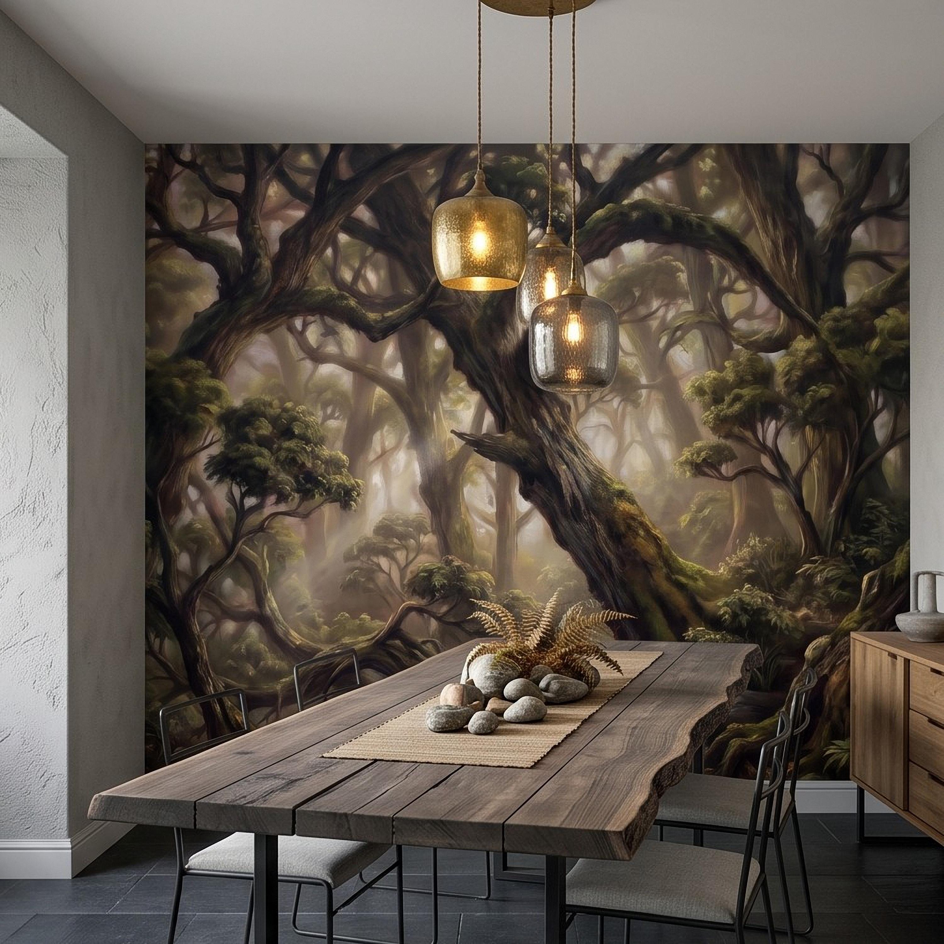Ancient Forest Peel and Stick Wall Mural, Enchanted Mossy Trees Sunlit Woodland Lush Green Nature Landscape Wallpaper