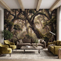 Ancient Forest Peel and Stick Wall Mural, Enchanted Mossy Trees Sunlit Woodland Lush Green Nature Landscape Wallpaper